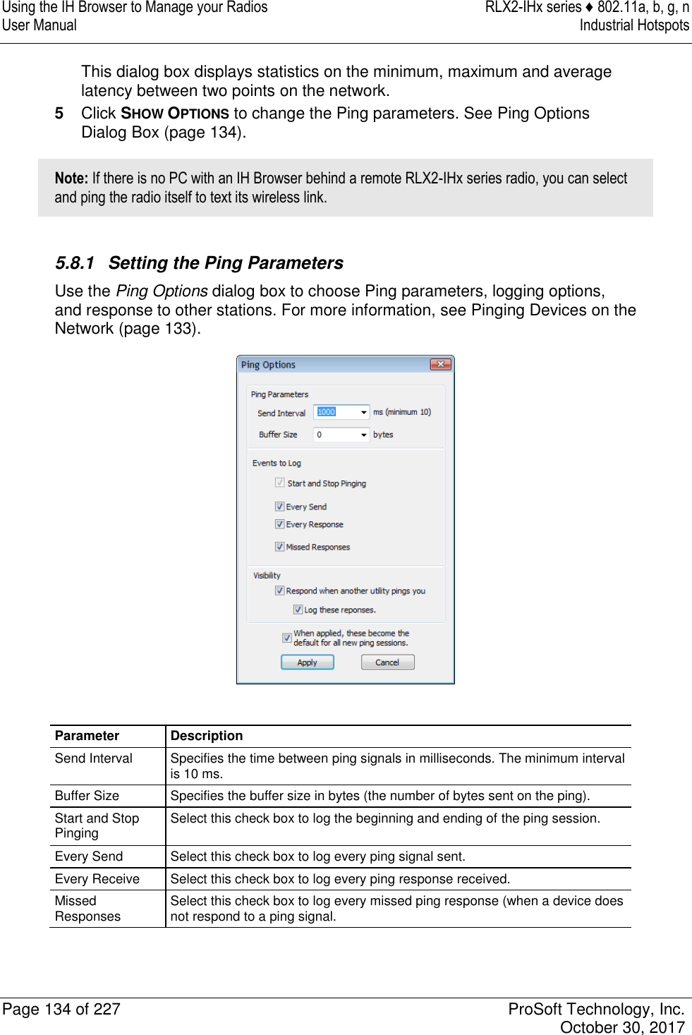 Using the IH Browser to Manage your Radios  RLX2-IHx series ♦ 802.11a, b, g, n User Manual  Industrial Hotspots   Page 134 of 227  ProSoft Technology, Inc.   October 30, 2017  This dialog box displays statistics on the minimum, maximum and average latency between two points on the network.  5  Click SHOW OPTIONS to change the Ping parameters. See Ping Options Dialog Box (page 134). Note: If there is no PC with an IH Browser behind a remote RLX2-IHx series radio, you can select and ping the radio itself to text its wireless link.  5.8.1  Setting the Ping Parameters Use the Ping Options dialog box to choose Ping parameters, logging options, and response to other stations. For more information, see Pinging Devices on the Network (page 133).   Parameter Description Send Interval Specifies the time between ping signals in milliseconds. The minimum interval is 10 ms. Buffer Size Specifies the buffer size in bytes (the number of bytes sent on the ping). Start and Stop Pinging Select this check box to log the beginning and ending of the ping session. Every Send Select this check box to log every ping signal sent. Every Receive Select this check box to log every ping response received. Missed Responses Select this check box to log every missed ping response (when a device does not respond to a ping signal. 