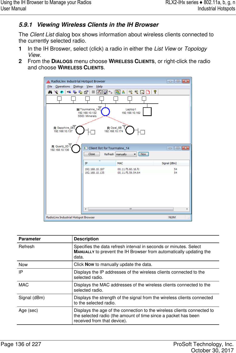 Using the IH Browser to Manage your Radios  RLX2-IHx series ♦ 802.11a, b, g, n User Manual  Industrial Hotspots   Page 136 of 227  ProSoft Technology, Inc.   October 30, 2017  5.9.1  Viewing Wireless Clients in the IH Browser The Client List dialog box shows information about wireless clients connected to the currently selected radio. 1  In the IH Broswer, select (click) a radio in either the List View or Topology View. 2  From the DIALOGS menu choose WIRELESS CLIENTS, or right-click the radio and choose WIRELESS CLIENTS.   Parameter Description Refresh Specifies the data refresh interval in seconds or minutes. Select MANUALLY to prevent the IH Browser from automatically updating the data. Now Click NOW to manually update the data. IP Displays the IP addresses of the wireless clients connected to the selected radio. MAC Displays the MAC addresses of the wireless clients connected to the selected radio. Signal (dBm) Displays the strength of the signal from the wireless clients connected to the selected radio. Age (sec) Displays the age of the connection to the wireless clients connected to the selected radio (the amount of time since a packet has been received from that device).  