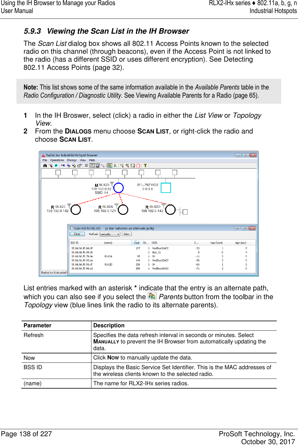 Using the IH Browser to Manage your Radios  RLX2-IHx series ♦ 802.11a, b, g, n User Manual  Industrial Hotspots   Page 138 of 227  ProSoft Technology, Inc.   October 30, 2017  5.9.3  Viewing the Scan List in the IH Browser The Scan List dialog box shows all 802.11 Access Points known to the selected radio on this channel (through beacons), even if the Access Point is not linked to the radio (has a different SSID or uses different encryption). See Detecting 802.11 Access Points (page 32). Note: This list shows some of the same information available in the Available Parents table in the Radio Configuration / Diagnostic Utility. See Viewing Available Parents for a Radio (page 65). 1  In the IH Broswer, select (click) a radio in either the List View or Topology View. 2  From the DIALOGS menu choose SCAN LIST, or right-click the radio and choose SCAN LIST.  List entries marked with an asterisk * indicate that the entry is an alternate path, which you can also see if you select the   Parents button from the toolbar in the Topology view (blue lines link the radio to its alternate parents).  Parameter Description Refresh Specifies the data refresh interval in seconds or minutes. Select MANUALLY to prevent the IH Browser from automatically updating the data. Now Click NOW to manually update the data. BSS ID Displays the Basic Service Set Identifier. This is the MAC addresses of the wireless clients known to the selected radio. (name) The name for RLX2-IHx series radios. 