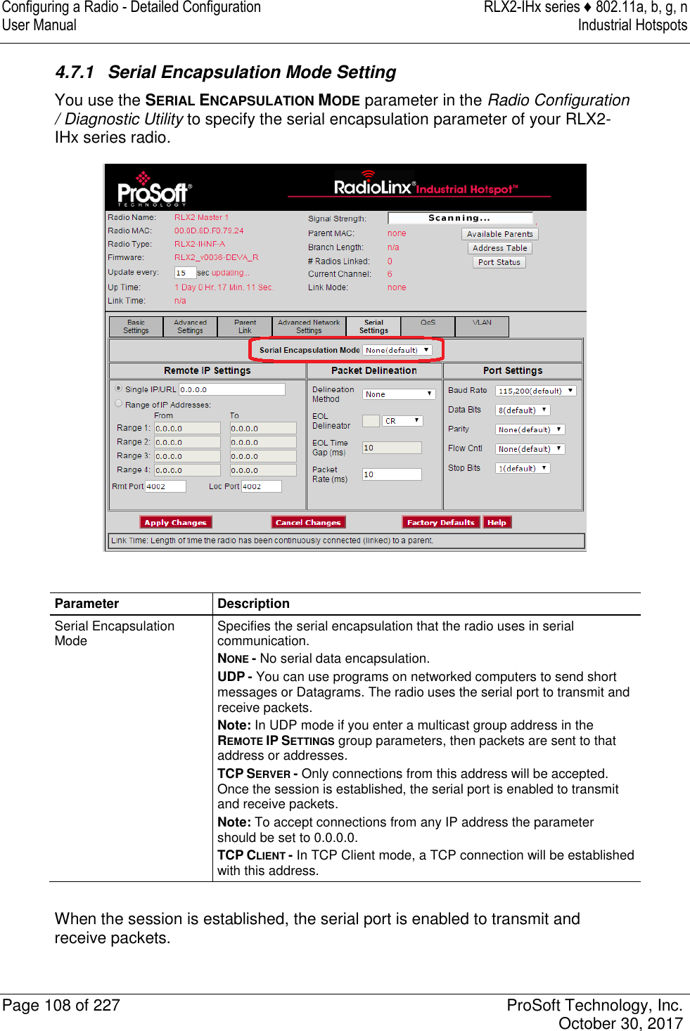 Configuring a Radio - Detailed Configuration  RLX2-IHx series ♦ 802.11a, b, g, n User Manual  Industrial Hotspots   Page 108 of 227  ProSoft Technology, Inc.   October 30, 2017  4.7.1  Serial Encapsulation Mode Setting You use the SERIAL ENCAPSULATION MODE parameter in the Radio Configuration / Diagnostic Utility to specify the serial encapsulation parameter of your RLX2-IHx series radio.   Parameter Description Serial Encapsulation Mode Specifies the serial encapsulation that the radio uses in serial communication. NONE - No serial data encapsulation. UDP - You can use programs on networked computers to send short messages or Datagrams. The radio uses the serial port to transmit and receive packets. Note: In UDP mode if you enter a multicast group address in the REMOTE IP SETTINGS group parameters, then packets are sent to that address or addresses. TCP SERVER - Only connections from this address will be accepted. Once the session is established, the serial port is enabled to transmit and receive packets. Note: To accept connections from any IP address the parameter should be set to 0.0.0.0. TCP CLIENT - In TCP Client mode, a TCP connection will be established with this address.  When the session is established, the serial port is enabled to transmit and receive packets.  