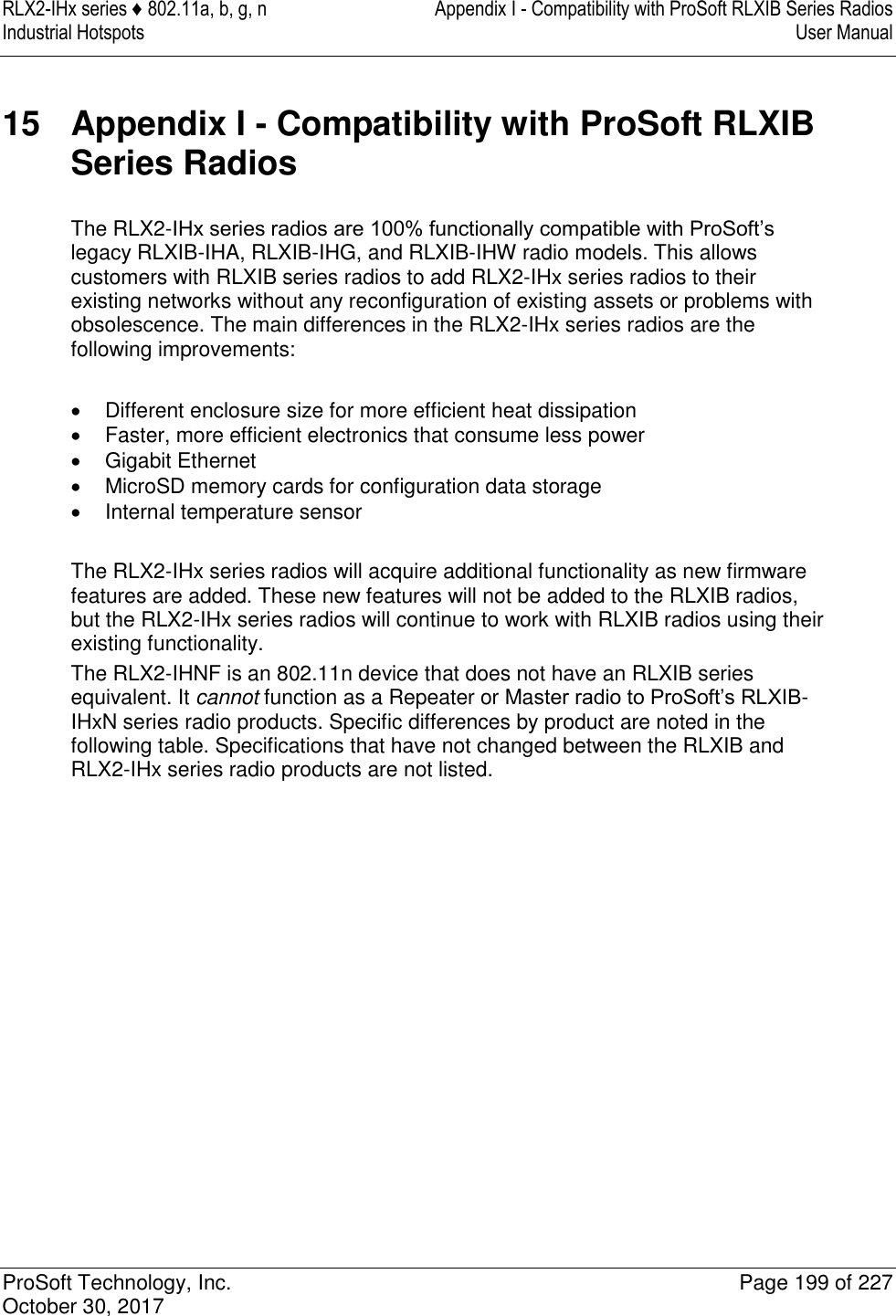 RLX2-IHx series ♦ 802.11a, b, g, n  Appendix I - Compatibility with ProSoft RLXIB Series Radios Industrial Hotspots   User Manual   ProSoft Technology, Inc.  Page 199 of 227 October 30, 2017   15  Appendix I - Compatibility with ProSoft RLXIB Series Radios The RLX2-IHx series radios are 100% functionally compatible with ProSoft’s legacy RLXIB-IHA, RLXIB-IHG, and RLXIB-IHW radio models. This allows customers with RLXIB series radios to add RLX2-IHx series radios to their existing networks without any reconfiguration of existing assets or problems with obsolescence. The main differences in the RLX2-IHx series radios are the following improvements:    Different enclosure size for more efficient heat dissipation   Faster, more efficient electronics that consume less power   Gigabit Ethernet   MicroSD memory cards for configuration data storage   Internal temperature sensor  The RLX2-IHx series radios will acquire additional functionality as new firmware features are added. These new features will not be added to the RLXIB radios, but the RLX2-IHx series radios will continue to work with RLXIB radios using their existing functionality. The RLX2-IHNF is an 802.11n device that does not have an RLXIB series equivalent. It cannot function as a Repeater or Master radio to ProSoft’s RLXIB-IHxN series radio products. Specific differences by product are noted in the following table. Specifications that have not changed between the RLXIB and RLX2-IHx series radio products are not listed.                