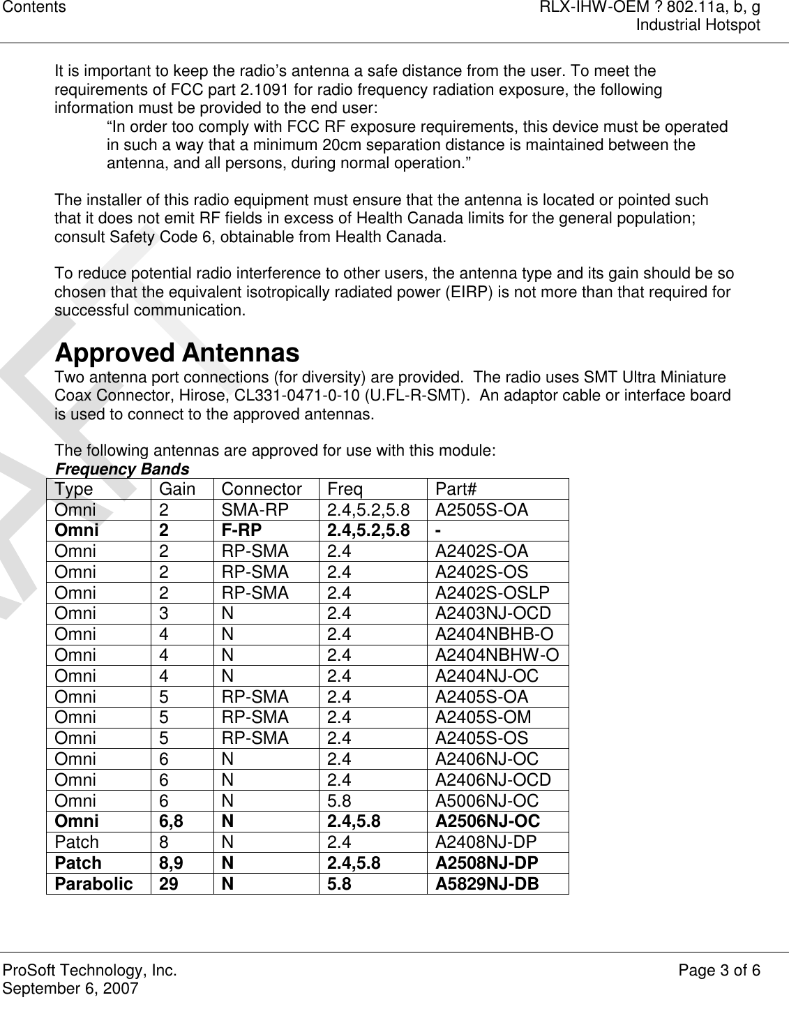 Contents RLX-IHW-OEM ? 802.11a, b, g  Industrial Hotspot  ProSoft Technology, Inc. Page 3 of 6 September 6, 2007   It is important to keep the radio’s antenna a safe distance from the user. To meet the requirements of FCC part 2.1091 for radio frequency radiation exposure, the following information must be provided to the end user: “In order too comply with FCC RF exposure requirements, this device must be operated in such a way that a minimum 20cm separation distance is maintained between the antenna, and all persons, during normal operation.”  The installer of this radio equipment must ensure that the antenna is located or pointed such that it does not emit RF fields in excess of Health Canada limits for the general population; consult Safety Code 6, obtainable from Health Canada.  To reduce potential radio interference to other users, the antenna type and its gain should be so chosen that the equivalent isotropically radiated power (EIRP) is not more than that required for successful communication.  Approved Antennas Two antenna port connections (for diversity) are provided.  The radio uses SMT Ultra Miniature Coax Connector, Hirose, CL331-0471-0-10 (U.FL-R-SMT).  An adaptor cable or interface board is used to connect to the approved antennas.  The following antennas are approved for use with this module: Frequency Bands Type Gain Connector Freq Part# Omni  2 SMA-RP  2.4,5.2,5.8 A2505S-OA Omni 2 F-RP 2.4,5.2,5.8 - Omni 2 RP-SMA 2.4 A2402S-OA Omni 2 RP-SMA 2.4 A2402S-OS Omni 2 RP-SMA 2.4 A2402S-OSLP Omni 3 N 2.4 A2403NJ-OCD Omni 4 N 2.4 A2404NBHB-O Omni 4 N 2.4 A2404NBHW-O Omni 4 N 2.4 A2404NJ-OC Omni 5 RP-SMA 2.4 A2405S-OA Omni 5 RP-SMA 2.4 A2405S-OM Omni 5 RP-SMA 2.4 A2405S-OS Omni 6 N 2.4 A2406NJ-OC Omni 6 N 2.4 A2406NJ-OCD Omni 6 N 5.8 A5006NJ-OC Omni 6,8 N 2.4,5.8 A2506NJ-OC Patch 8 N 2.4 A2408NJ-DP Patch 8,9 N 2.4,5.8 A2508NJ-DP Parabolic 29 N 5.8 A5829NJ-DB   