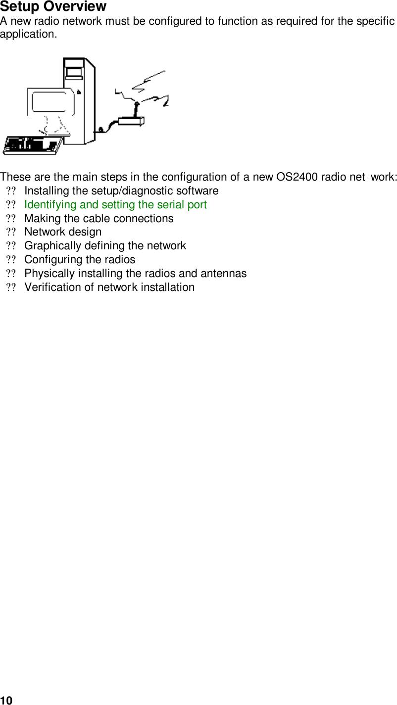  10Setup Overview A new radio network must be configured to function as required for the specific application.       These are the main steps in the configuration of a new OS2400 radio net work: ??Installing the setup/diagnostic software  ??Identifying and setting the serial port   ??Making the cable connections  ??Network design ??Graphically defining the network ??Configuring the radios ??Physically installing the radios and antennas  ??Verification of network installation  