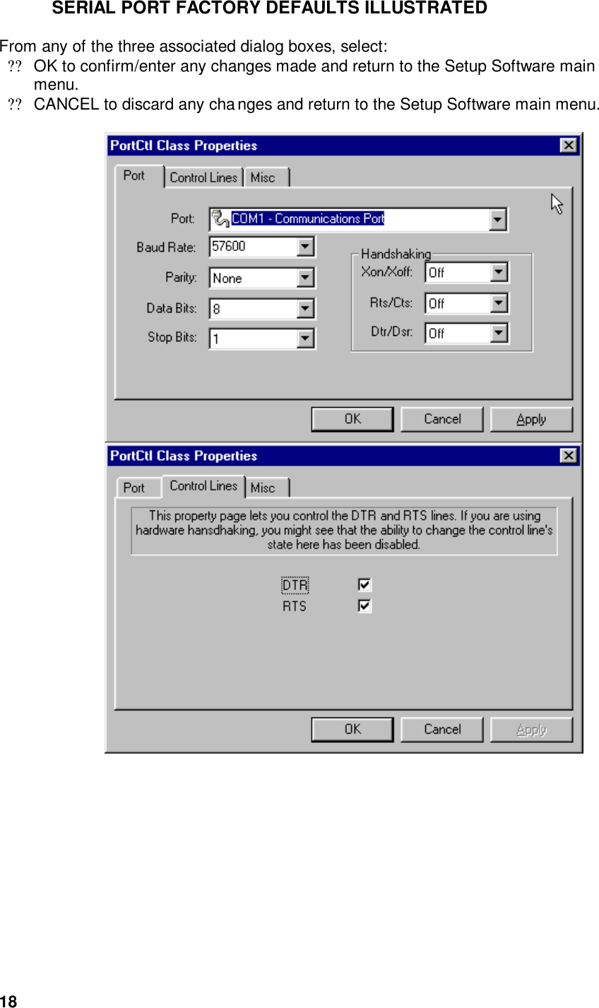  18SERIAL PORT FACTORY DEFAULTS ILLUSTRATED  From any of the three associated dialog boxes, select:  ??OK to confirm/enter any changes made and return to the Setup Software main menu. ??CANCEL to discard any cha nges and return to the Setup Software main menu.         