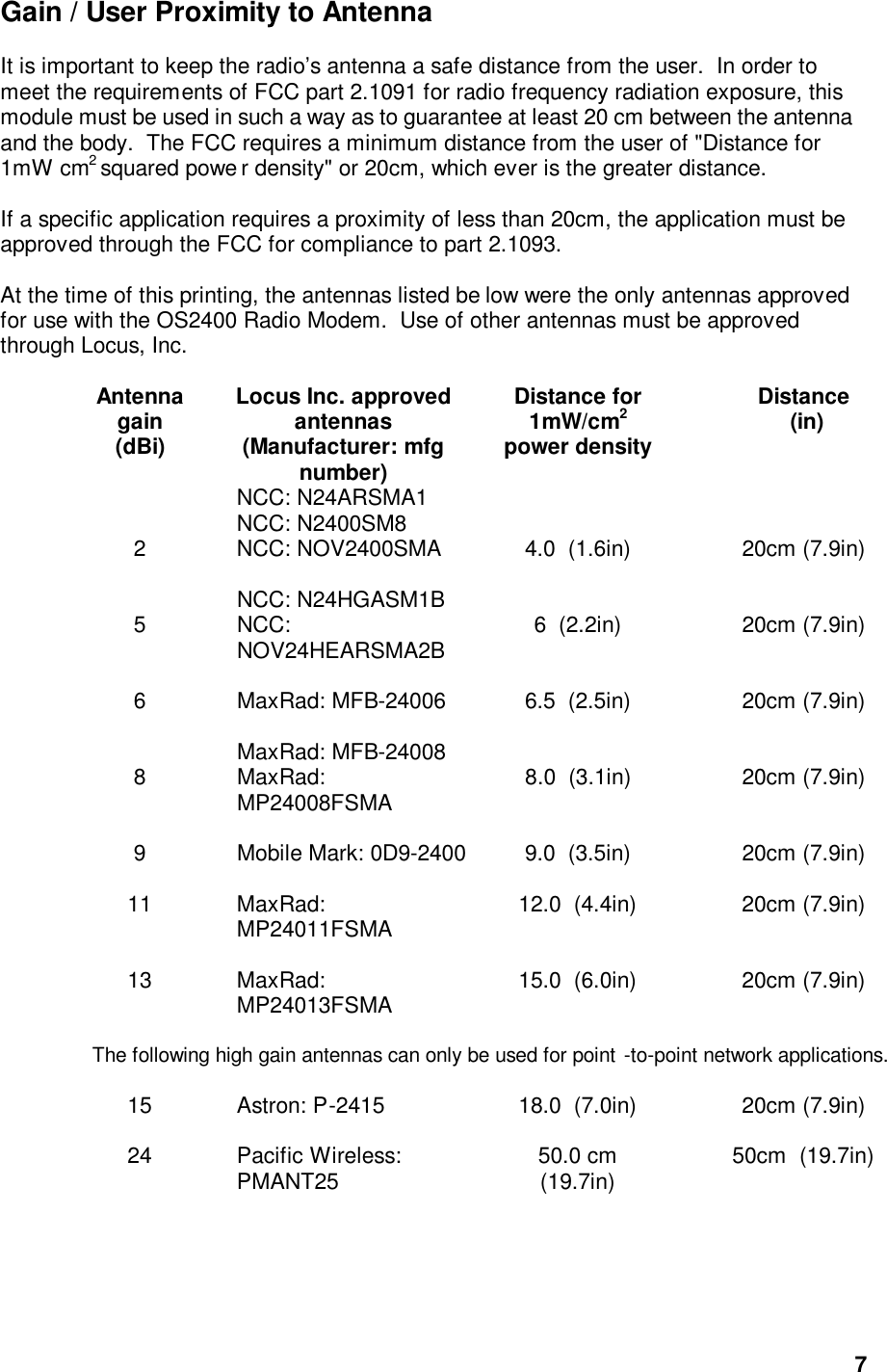  7Gain / User Proximity to Antenna  It is important to keep the radio’s antenna a safe distance from the user.  In order to meet the requirements of FCC part 2.1091 for radio frequency radiation exposure, this module must be used in such a way as to guarantee at least 20 cm between the antenna and the body.  The FCC requires a minimum distance from the user of &quot;Distance for 1mW cm2 squared powe r density&quot; or 20cm, which ever is the greater distance.   If a specific application requires a proximity of less than 20cm, the application must be approved through the FCC for compliance to part 2.1093.   At the time of this printing, the antennas listed be low were the only antennas approved for use with the OS2400 Radio Modem.  Use of other antennas must be approved through Locus, Inc.   Antenna gain (dBi) Locus Inc. approved antennas (Manufacturer: mfg number) Distance for 1mW/cm2 power density Distance  (in)   2  NCC: N24ARSMA1 NCC: N2400SM8 NCC: NOV2400SMA   4.0  (1.6in)   20cm (7.9in)   5    NCC: N24HGASM1B NCC: NOV24HEARSMA2B   6  (2.2in)   20cm (7.9in)  6    MaxRad: MFB-24006  6.5  (2.5in)  20cm (7.9in)   8    MaxRad: MFB-24008 MaxRad: MP24008FSMA   8.0  (3.1in)   20cm (7.9in)  9    Mobile Mark: 0D9-2400  9.0  (3.5in)  20cm (7.9in)  11    MaxRad: MP24011FSMA  12.0  (4.4in)  20cm (7.9in)  13    MaxRad: MP24013FSMA  15.0  (6.0in)  20cm (7.9in)  The following high gain antennas can only be used for point -to-point network applications.  15    Astron: P-2415  18.0  (7.0in)  20cm (7.9in)  24    Pacific Wireless: PMANT25  50.0 cm (19.7in)  50cm  (19.7in)     