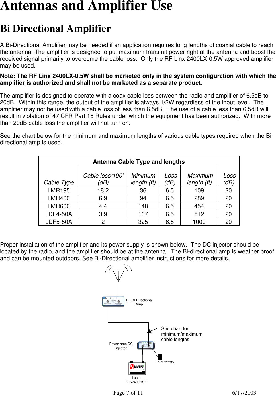  Page 7 of 11 6/17/2003  Antennas and Amplifier Use Bi Directional Amplifier A Bi-Directional Amplifier may be needed if an application requires long lengths of coaxial cable to reach the antenna. The amplifier is designed to put maximum transmit power right at the antenna and boost the received signal primarily to overcome the cable loss.  Only the RF Linx 2400LX-0.5W approved amplifier may be used.   Note: The RF Linx 2400LX-0.5W shall be marketed only in the system configuration with which the amplifier is authorized and shall not be marketed as a separate product. The amplifier is designed to operate with a coax cable loss between the radio and amplifier of 6.5dB to 20dB.  Within this range, the output of the amplifier is always 1/2W regardless of the input level.  The amplifier may not be used with a cable loss of less than 6.5dB.  The use of a cable less than 6.5dB will result in violation of 47 CFR Part 15 Rules under which the equipment has been authorized.  With more than 20dB cable loss the amplifier will not turn on. See the chart below for the minimum and maximum lengths of various cable types required when the Bi-directional amp is used.        Proper installation of the amplifier and its power supply is shown below.  The DC injector should be located by the radio, and the amplifier should be at the antenna.  The Bi-directional amp is weather proof and can be mounted outdoors. See Bi-Directional amplifier instructions for more details.         Antenna Cable Type and lengths Cable Type Cable loss/100&apos; (dB)  Minimum length (ft)  Loss (dB)   Maximum length (ft)  Loss (dB)  LMR195 18.2 36 6.5 109 20 LMR400 6.9 94 6.5 289 20 LMR600 4.4 148 6.5 454 20 LDF4-50A 3.9 167 6.5 512 20 LDF5-50A 2 325 6.5 1000 20 DC power supplyLocusOS2400HSEPower amp DCinjectorRF BI-DirectionalAmpSee chart for minimum/maximum cable lengths 