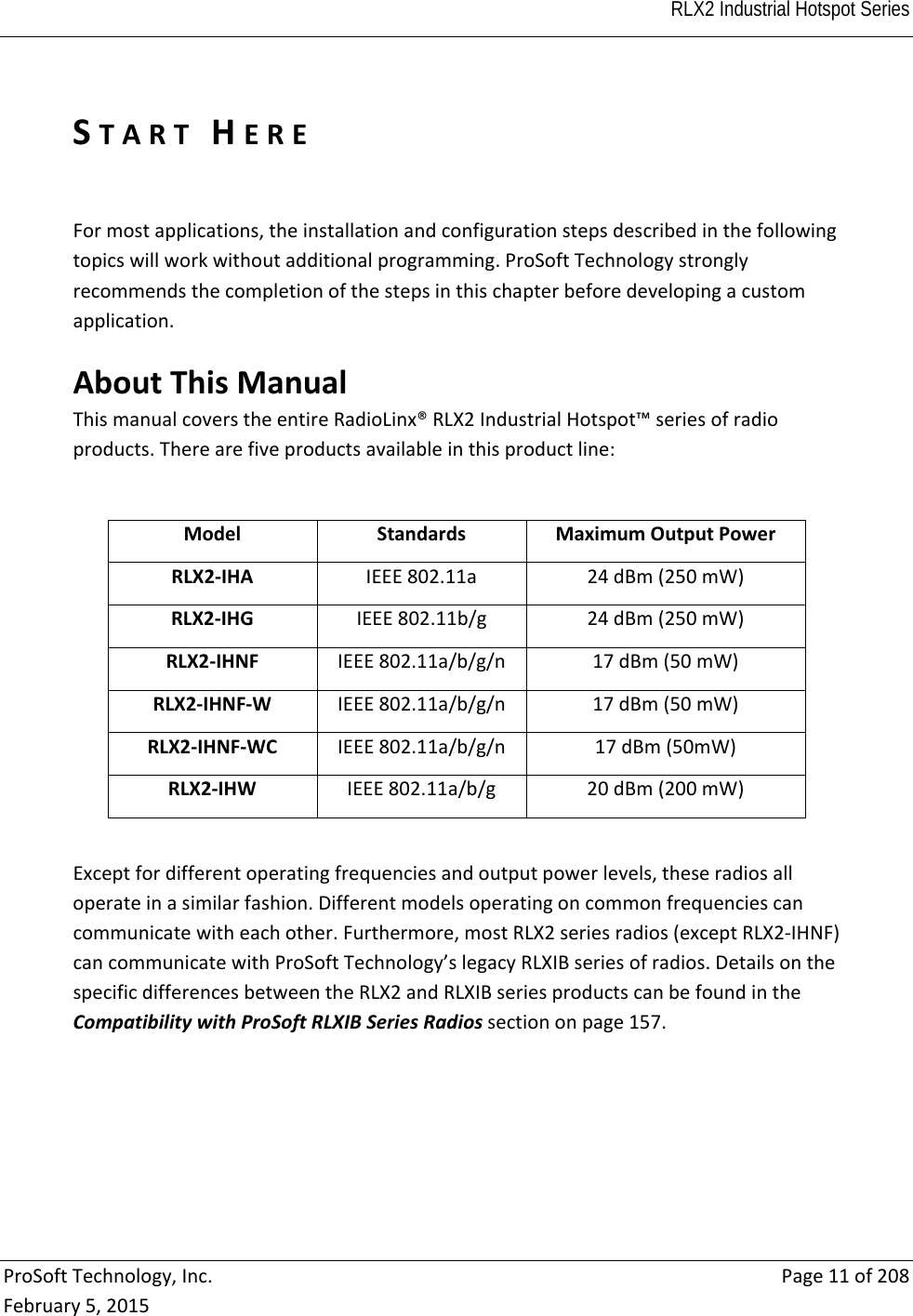  RLX2 Industrial Hotspot Series   ProSoftTechnology,Inc.Page11of208February5,2015STARTHEREFormostapplications,theinstallationandconfigurationstepsdescribedinthefollowingtopicswillworkwithoutadditionalprogramming.ProSoftTechnologystronglyrecommendsthecompletionofthestepsinthischapterbeforedevelopingacustomapplication.AboutThisManualThismanualcoverstheentireRadioLinx®RLX2IndustrialHotspot™seriesofradioproducts.Therearefiveproductsavailableinthisproductline:ModelStandardsMaximumOutputPowerRLX2‐IHAIEEE802.11a24dBm(250mW)RLX2‐IHGIEEE802.11b/g24dBm(250mW)RLX2‐IHNFIEEE802.11a/b/g/n17dBm(50mW)RLX2‐IHNF‐WIEEE802.11a/b/g/n17dBm(50mW)RLX2‐IHNF‐WCIEEE802.11a/b/g/n17dBm(50mW)RLX2‐IHWIEEE802.11a/b/g20dBm(200mW)Exceptfordifferentoperatingfrequenciesandoutputpowerlevels,theseradiosalloperateinasimilarfashion.Differentmodelsoperatingoncommonfrequenciescancommunicatewitheachother.Furthermore,mostRLX2seriesradios(exceptRLX2‐IHNF)cancommunicatewithProSoftTechnology’slegacyRLXIBseriesofradios.DetailsonthespecificdifferencesbetweentheRLX2andRLXIBseriesproductscanbefoundintheCompatibilitywithProSoftRLXIBSeriesRadiossectiononpage157.