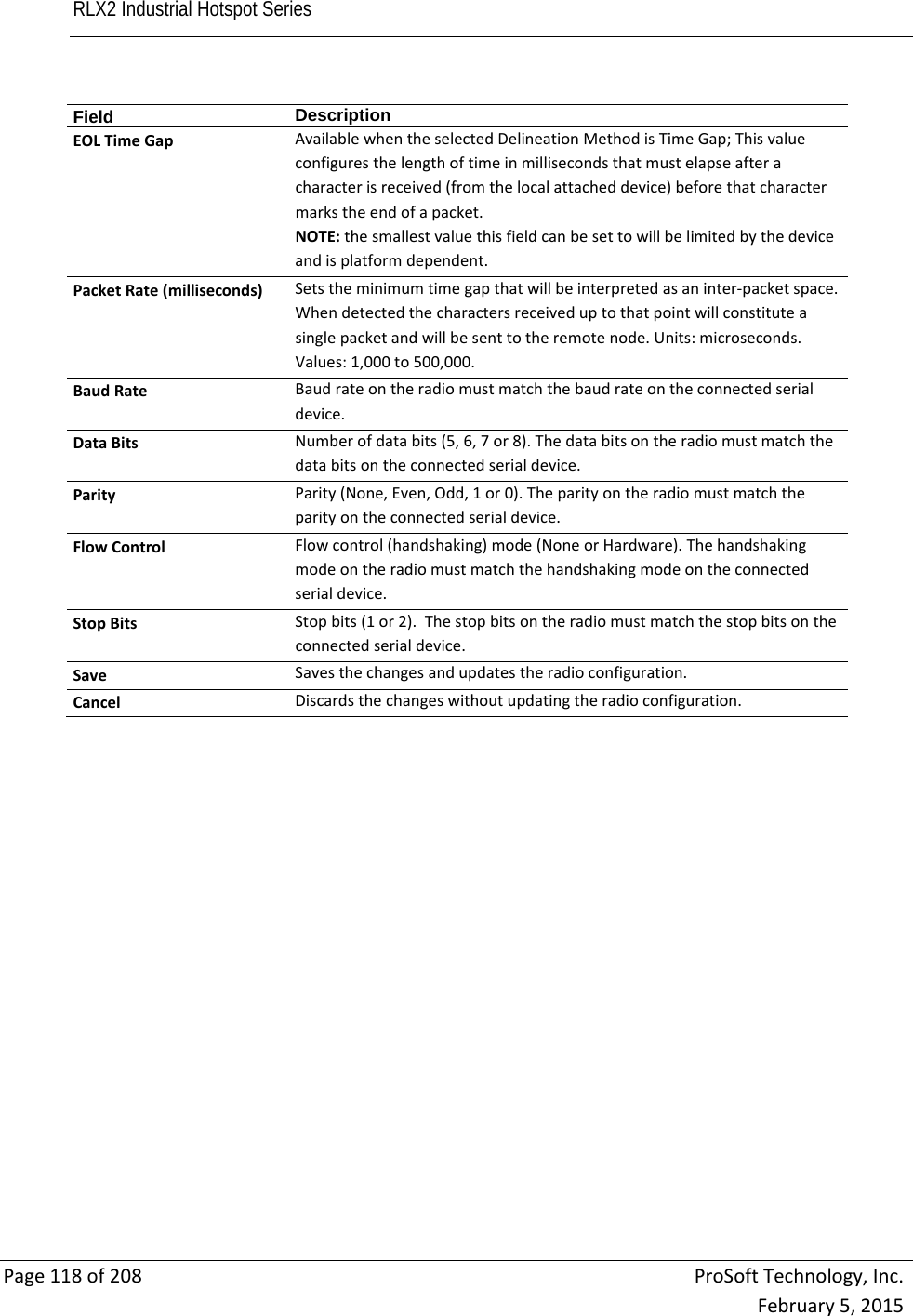 RLX2 Industrial Hotspot Series       Page118of208ProSoftTechnology,Inc.February5,2015Field  DescriptionEOLTimeGapAvailablewhentheselectedDelineationMethodisTimeGap;Thisvalueconfiguresthelengthoftimeinmillisecondsthatmustelapseafteracharacterisreceived(fromthelocalattacheddevice)beforethatcharactermarkstheendofapacket.NOTE:thesmallestvaluethisfieldcanbesettowillbelimitedbythedeviceandisplatformdependent.PacketRate(milliseconds)Setstheminimumtimegapthatwillbeinterpretedasaninter‐packetspace.Whendetectedthecharactersreceiveduptothatpointwillconstituteasinglepacketandwillbesenttotheremotenode.Units:microseconds.Values:1,000to500,000.BaudRateBaudrateontheradiomustmatchthebaudrateontheconnectedserialdevice.DataBitsNumberofdatabits(5,6,7or8).Thedatabitsontheradiomustmatchthedatabitsontheconnectedserialdevice.ParityParity(None,Even,Odd,1or0).Theparityontheradiomustmatchtheparityontheconnectedserialdevice.FlowControlFlowcontrol(handshaking)mode(NoneorHardware).Thehandshakingmodeontheradiomustmatchthehandshakingmodeontheconnectedserialdevice.StopBitsStopbits(1or2).Thestopbitsontheradiomustmatchthestopbitsontheconnectedserialdevice.SaveSavesthechangesandupdatestheradioconfiguration.CancelDiscardsthechangeswithoutupdatingtheradioconfiguration.   