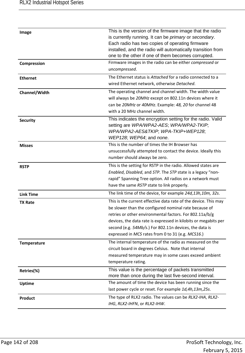 RLX2 Industrial Hotspot Series       Page142of208ProSoftTechnology,Inc.February5,2015ImageThis is the version of the firmware image that the radio is currently running. It can be primary or secondary. Each radio has two copies of operating firmware installed, and the radio will automatically transition from one to the other if one of them becomes corrupted.  CompressionFirmwareimagesintheradiocanbeeithercompressedoruncompressed.EthernetTheEthernetstatusisAttachedforaradioconnectedtoawiredEthernetnetwork,otherwiseDetached.Channel/WidthTheoperatingchannelandchannelwidth.Thewidthvaluewillalwaysbe20MHzexcepton802.11ndeviceswhereitcanbe20MHzor40MHz.Example:48,20forchannel48witha20MHzchannelwidth.SecurityThis indicates the encryption setting for the radio. Valid setting are WPA/WPA2-AES; WPA/WPA2-TKIP; WPA/WPA2-AES&amp;TKIP; WPA-TKIP+WEP128; WEP128; WEP64; and none.  MissesThisisthenumberoftimestheIHBrowserhasunsuccessfullyattemptedtocontactthedevice.Ideallythisnumbershouldalwaysbezero.RSTPThisisthesettingforRSTPintheradio.AllowedstatesareEnabled,Disabled,andSTP.TheSTPstateisalegacy“non‐rapid”SpanningTreeoption.AllradiosonanetworkmusthavethesameRSTPstatetolinkproperly.LinkTimeThelinktimeofthedevice,forexample24d,13h,10m,32s.TXRateThisisthecurrenteffectivedatarateofthedevice.Thismaybeslowerthantheconfigurednominalratebecauseofretriesorotherenvironmentalfactors.For802.11a/b/gdevices,thedatarateisexpressedinkilobitsormegabitspersecond(e.g.54Mb/s.)For802.11ndevices,thedataisexpressedinMCSratesfrom0to31(e.g.MCS16.)TemperatureTheinternaltemperatureoftheradioasmeasuredonthecircuitboardindegreesCelsius.Notethatinternalmeasuredtemperaturemayinsomecasesexceedambienttemperaturerating.Retries(%)This value is the percentage of packets transmitted more than once during the last five-second interval.  UptimeTheamountoftimethedevicehasbeenrunningsincethelastpowercycleorreset.Forexample1d,4h,13m,25s.ProductThetypeofRLX2radio.ThevaluescanbeRLX2‐IHA,RLX2‐IHG,RLX2‐IHFN,orRLX2‐IHW.