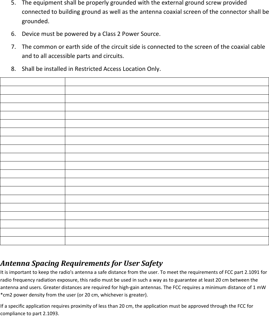  5. Theequipmentshallbeproperlygroundedwiththeexternalgroundscrewprovidedconnectedtobuildinggroundaswellastheantennacoaxialscreenoftheconnectorshallbegrounded.6. DevicemustbepoweredbyaClass2PowerSource.7. Thecommonorearthsideofthecircuitsideisconnectedtothescreenofthecoaxialcableandtoallaccessiblepartsandcircuits.8. ShallbeinstalledinRestrictedAccessLocationOnly.               AntennaSpacingRequirementsforUserSafetyItisimportanttokeeptheradio&apos;santennaasafedistancefromtheuser.TomeettherequirementsofFCCpart2.1091forradiofrequencyradiationexposure,thisradiomustbeusedinsuchawayastoguaranteeatleast20cmbetweentheantennaandusers.Greaterdistancesarerequiredforhigh‐gainantennas.TheFCCrequiresaminimumdistanceof1mW*cm2powerdensityfromtheuser(or20cm,whicheverisgreater).Ifaspecificapplicationrequiresproximityoflessthan20cm,theapplicationmustbeapprovedthroughtheFCCforcompliancetopart2.1093.
