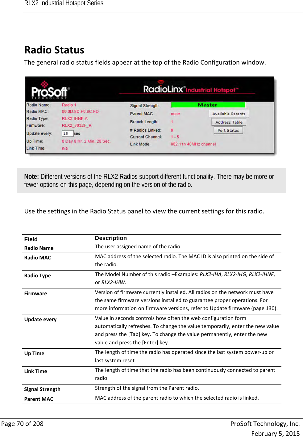 RLX2 Industrial Hotspot Series       Page70of208ProSoftTechnology,Inc.February5,2015 RadioStatusThegeneralradiostatusfieldsappearatthetopoftheRadioConfigurationwindow.Note: Different versions of the RLX2 Radios support different functionality. There may be more or fewer options on this page, depending on the version of the radio. UsethesettingsintheRadioStatuspaneltoviewthecurrentsettingsforthisradio.Field  DescriptionRadioNameTheuserassignednameoftheradio.RadioMACMACaddressoftheselectedradio.TheMACIDisalsoprintedonthesideoftheradio.RadioTypeTheModelNumberofthisradio–Examples:RLX2‐IHA,RLX2‐IHG,RLX2‐IHNF,orRLX2‐IHW.FirmwareVersionoffirmwarecurrentlyinstalled.Allradiosonthenetworkmusthavethesamefirmwareversionsinstalledtoguaranteeproperoperations.Formoreinformationonfirmwareversions,refertoUpdatefirmware(page130).UpdateeveryValueinsecondscontrolshowoftenthewebconfigurationformautomaticallyrefreshes.Tochangethevaluetemporarily,enterthenewvalueandpressthe[Tab]key.Tochangethevaluepermanently,enterthenewvalueandpressthe[Enter]key.UpTimeThelengthoftimetheradiohasoperatedsincethelastsystempower‐uporlastsystemreset.LinkTimeThelengthoftimethattheradiohasbeencontinuouslyconnectedtoparentradio.SignalStrengthStrengthofthesignalfromtheParentradio.ParentMACMACaddressoftheparentradiotowhichtheselectedradioislinked.