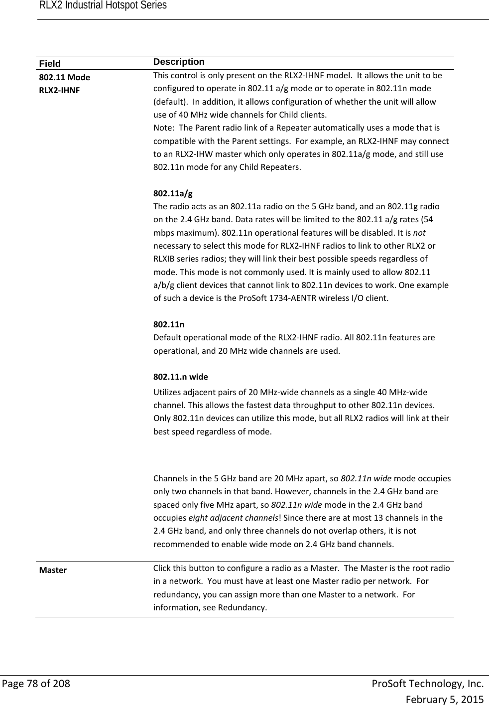 RLX2 Industrial Hotspot Series       Page78of208ProSoftTechnology,Inc.February5,2015Field  Description802.11ModeRLX2‐IHNFThiscontrolisonlypresentontheRLX2‐IHNFmodel.Itallowstheunittobeconfiguredtooperatein802.11a/gmodeortooperatein802.11nmode(default).Inaddition,itallowsconfigurationofwhethertheunitwillallowuseof40MHzwidechannelsforChildclients.Note:TheParentradiolinkofaRepeaterautomaticallyusesamodethatiscompatiblewiththeParentsettings.Forexample,anRLX2‐IHNFmayconnecttoanRLX2‐IHWmasterwhichonlyoperatesin802.11a/gmode,andstilluse802.11nmodeforanyChildRepeaters.802.11a/gTheradioactsasan802.11aradioonthe5GHzband,andan802.11gradioonthe2.4GHzband.Datarateswillbelimitedtothe802.11a/grates(54mbpsmaximum).802.11noperationalfeatureswillbedisabled.ItisnotnecessarytoselectthismodeforRLX2‐IHNFradiostolinktootherRLX2orRLXIBseriesradios;theywilllinktheirbestpossiblespeedsregardlessofmode.Thismodeisnotcommonlyused.Itismainlyusedtoallow802.11a/b/gclientdevicesthatcannotlinkto802.11ndevicestowork.OneexampleofsuchadeviceistheProSoft1734‐AENTRwirelessI/Oclient.802.11nDefaultoperationalmodeoftheRLX2‐IHNFradio.All802.11nfeaturesareoperational,and20MHzwidechannelsareused.802.11.nwideUtilizesadjacentpairsof20MHz‐widechannelsasasingle40MHz‐widechannel.Thisallowsthefastestdatathroughputtoother802.11ndevices.Only802.11ndevicescanutilizethismode,butallRLX2radioswilllinkattheirbestspeedregardlessofmode.Channelsinthe5GHzbandare20MHzapart,so802.11nwidemodeoccupiesonlytwochannelsinthatband.However,channelsinthe2.4GHzbandarespacedonlyfiveMHzapart,so802.11nwidemodeinthe2.4GHzbandoccupieseightadjacentchannels!Sincethereareatmost13channelsinthe2.4GHzband,andonlythreechannelsdonotoverlapothers,itisnotrecommendedtoenablewidemodeon2.4GHzbandchannels.MasterClickthisbuttontoconfigurearadioasaMaster.TheMasteristherootradioinanetwork.YoumusthaveatleastoneMasterradiopernetwork.Forredundancy,youcanassignmorethanoneMastertoanetwork.Forinformation,seeRedundancy.