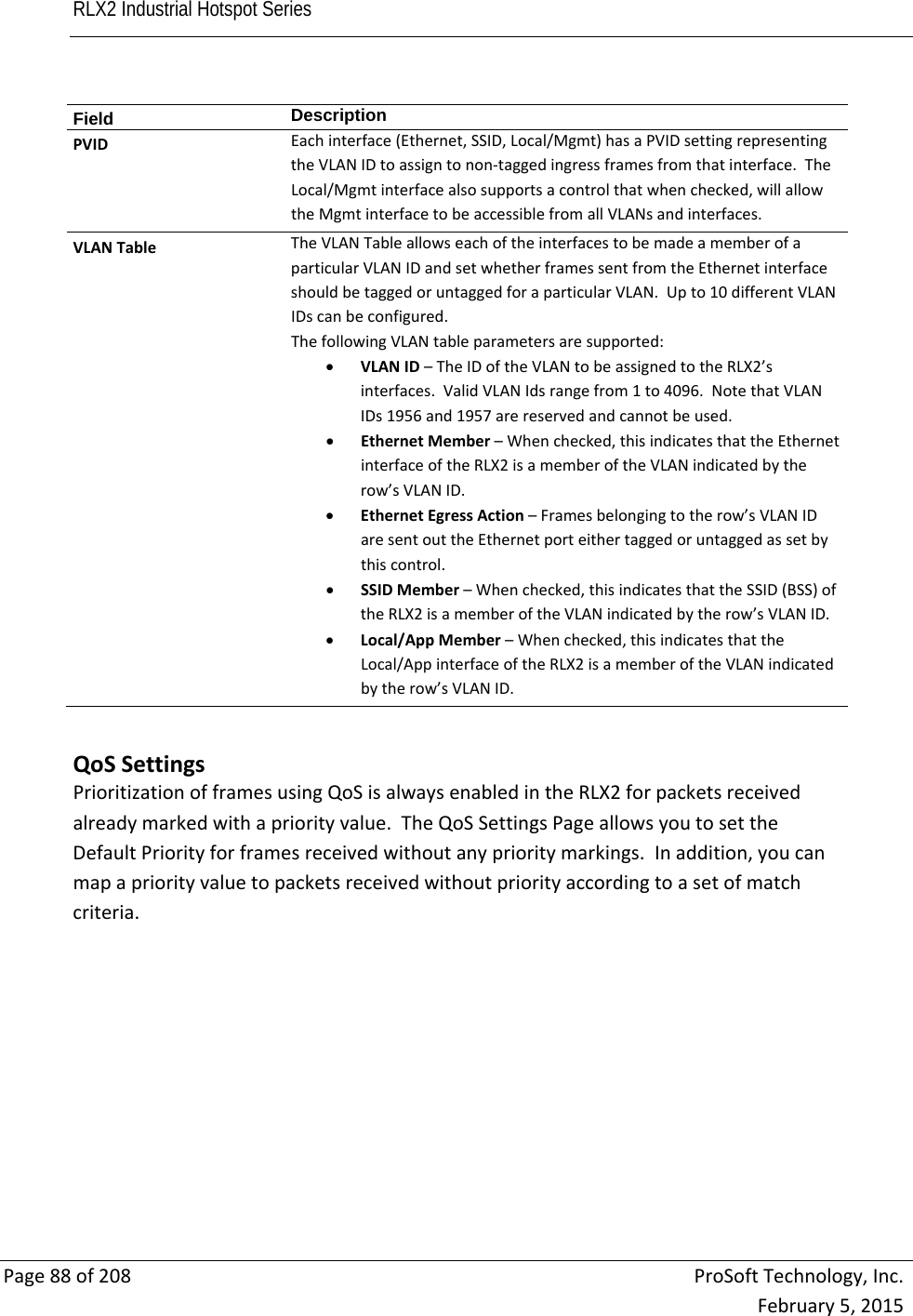 RLX2 Industrial Hotspot Series       Page88of208ProSoftTechnology,Inc.February5,2015Field  DescriptionPVIDEachinterface(Ethernet,SSID,Local/Mgmt)hasaPVIDsettingrepresentingtheVLANIDtoassigntonon‐taggedingressframesfromthatinterface.TheLocal/Mgmtinterfacealsosupportsacontrolthatwhenchecked,willallowtheMgmtinterfacetobeaccessiblefromallVLANsandinterfaces.VLANTableTheVLANTableallowseachoftheinterfacestobemadeamemberofaparticularVLANIDandsetwhetherframessentfromtheEthernetinterfaceshouldbetaggedoruntaggedforaparticularVLAN.Upto10differentVLANIDscanbeconfigured.ThefollowingVLANtableparametersaresupported: VLANID–TheIDoftheVLANtobeassignedtotheRLX2’sinterfaces.ValidVLANIdsrangefrom1to4096.NotethatVLANIDs1956and1957arereservedandcannotbeused. EthernetMember–Whenchecked,thisindicatesthattheEthernetinterfaceoftheRLX2isamemberoftheVLANindicatedbytherow’sVLANID. EthernetEgressAction–Framesbelongingtotherow’sVLANIDaresentouttheEthernetporteithertaggedoruntaggedassetbythiscontrol. SSIDMember–Whenchecked,thisindicatesthattheSSID(BSS)oftheRLX2isamemberoftheVLANindicatedbytherow’sVLANID. Local/AppMember–Whenchecked,thisindicatesthattheLocal/AppinterfaceoftheRLX2isamemberoftheVLANindicatedbytherow’sVLANID.QoSSettingsPrioritizationofframesusingQoSisalwaysenabledintheRLX2forpacketsreceivedalreadymarkedwithapriorityvalue.TheQoSSettingsPageallowsyoutosettheDefaultPriorityforframesreceivedwithoutanyprioritymarkings.Inaddition,youcanmapapriorityvaluetopacketsreceivedwithoutpriorityaccordingtoasetofmatchcriteria.