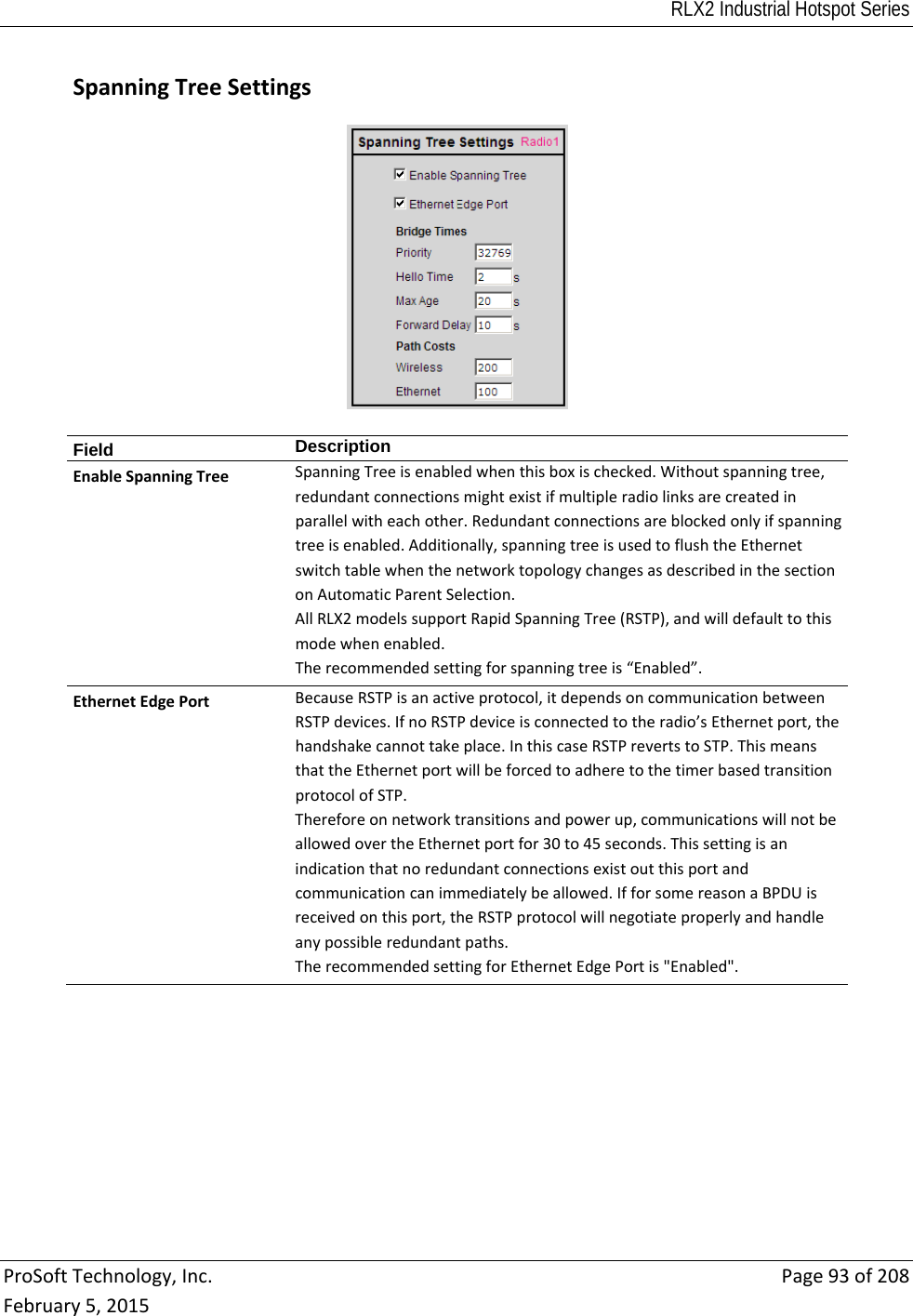 RLX2 Industrial Hotspot Series  ProSoftTechnology,Inc.Page93of208February5,2015 SpanningTreeSettingsField  DescriptionEnableSpanningTreeSpanningTreeisenabledwhenthisboxischecked.Withoutspanningtree,redundantconnectionsmightexistifmultipleradiolinksarecreatedinparallelwitheachother.Redundantconnectionsareblockedonlyifspanningtreeisenabled.Additionally,spanningtreeisusedtoflushtheEthernetswitchtablewhenthenetworktopologychangesasdescribedinthesectiononAutomaticParentSelection.AllRLX2modelssupportRapidSpanningTree(RSTP),andwilldefaulttothismodewhenenabled.Therecommendedsettingforspanningtreeis“Enabled”.EthernetEdgePortBecauseRSTPisanactiveprotocol,itdependsoncommunicationbetweenRSTPdevices.IfnoRSTPdeviceisconnectedtotheradio’sEthernetport,thehandshakecannottakeplace.InthiscaseRSTPrevertstoSTP.ThismeansthattheEthernetportwillbeforcedtoadheretothetimerbasedtransitionprotocolofSTP.Thereforeonnetworktransitionsandpowerup,communicationswillnotbeallowedovertheEthernetportfor30to45seconds.Thissettingisanindicationthatnoredundantconnectionsexistoutthisportandcommunicationcanimmediatelybeallowed.IfforsomereasonaBPDUisreceivedonthisport,theRSTPprotocolwillnegotiateproperlyandhandleanypossibleredundantpaths.TherecommendedsettingforEthernetEdgePortis&quot;Enabled&quot;.