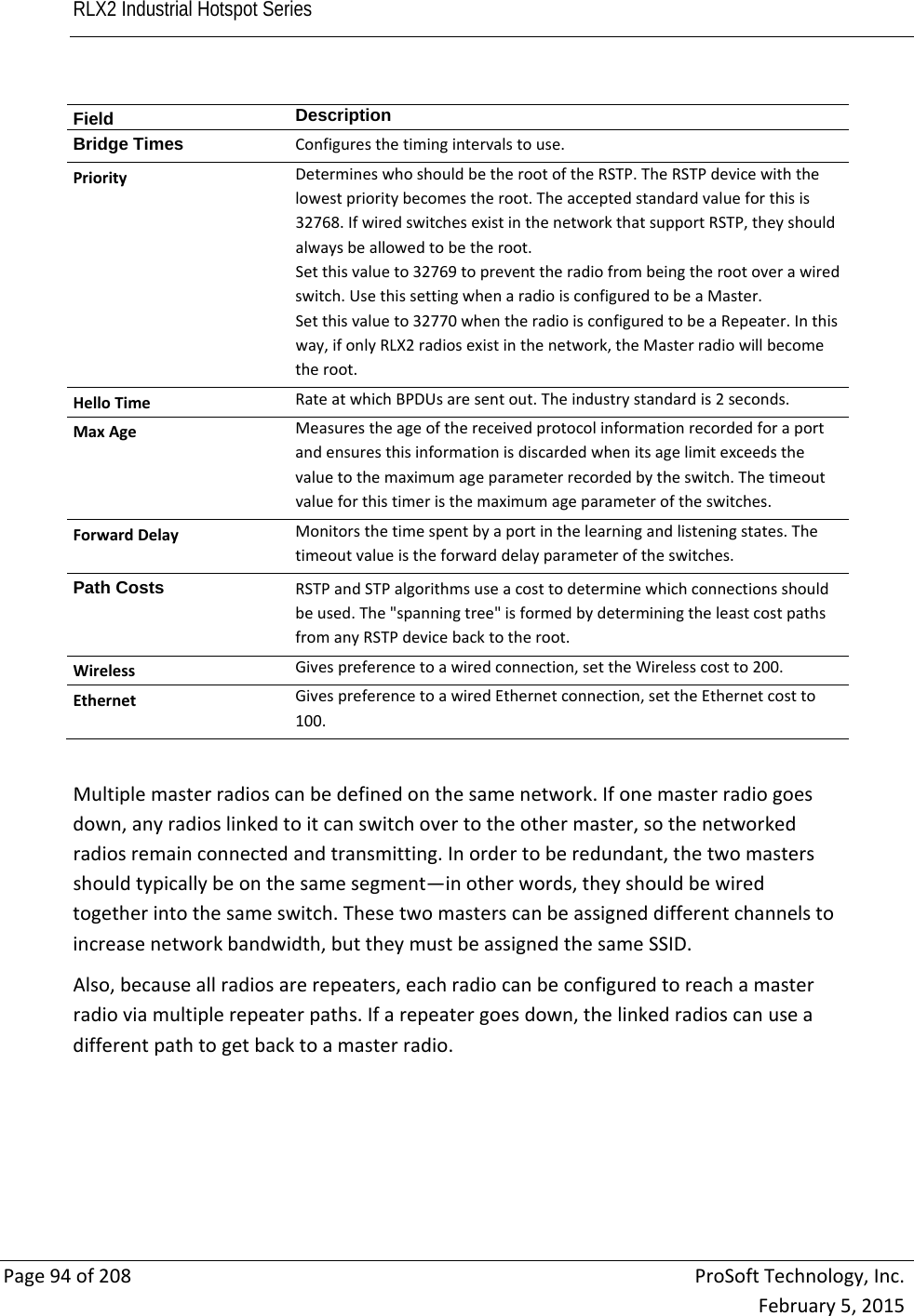 RLX2 Industrial Hotspot Series       Page94of208ProSoftTechnology,Inc.February5,2015Field  DescriptionBridge Times  Configuresthetimingintervalstouse.PriorityDetermineswhoshouldbetherootoftheRSTP.TheRSTPdevicewiththelowestprioritybecomestheroot.Theacceptedstandardvalueforthisis32768.IfwiredswitchesexistinthenetworkthatsupportRSTP,theyshouldalwaysbeallowedtobetheroot.Setthisvalueto32769topreventtheradiofrombeingtherootoverawiredswitch.UsethissettingwhenaradioisconfiguredtobeaMaster.Setthisvalueto32770whentheradioisconfiguredtobeaRepeater.Inthisway,ifonlyRLX2radiosexistinthenetwork,theMasterradiowillbecometheroot.HelloTimeRateatwhichBPDUsaresentout.Theindustrystandardis2seconds.MaxAgeMeasurestheageofthereceivedprotocolinformationrecordedforaportandensuresthisinformationisdiscardedwhenitsagelimitexceedsthevaluetothemaximumageparameterrecordedbytheswitch.Thetimeoutvalueforthistimeristhemaximumageparameteroftheswitches.ForwardDelayMonitorsthetimespentbyaportinthelearningandlisteningstates.Thetimeoutvalueistheforwarddelayparameteroftheswitches.Path Costs  RSTPandSTPalgorithmsuseacosttodeterminewhichconnectionsshouldbeused.The&quot;spanningtree&quot;isformedbydeterminingtheleastcostpathsfromanyRSTPdevicebacktotheroot.Wireless Givespreferencetoawiredconnection,settheWirelesscostto200.EthernetGivespreferencetoawiredEthernetconnection,settheEthernetcostto100.Multiplemasterradioscanbedefinedonthesamenetwork.Ifonemasterradiogoesdown,anyradioslinkedtoitcanswitchovertotheothermaster,sothenetworkedradiosremainconnectedandtransmitting.Inordertoberedundant,thetwomastersshouldtypicallybeonthesamesegment—inotherwords,theyshouldbewiredtogetherintothesameswitch.Thesetwomasterscanbeassigneddifferentchannelstoincreasenetworkbandwidth,buttheymustbeassignedthesameSSID.Also,becauseallradiosarerepeaters,eachradiocanbeconfiguredtoreachamasterradioviamultiplerepeaterpaths.Ifarepeatergoesdown,thelinkedradioscanuseadifferentpathtogetbacktoamasterradio. 