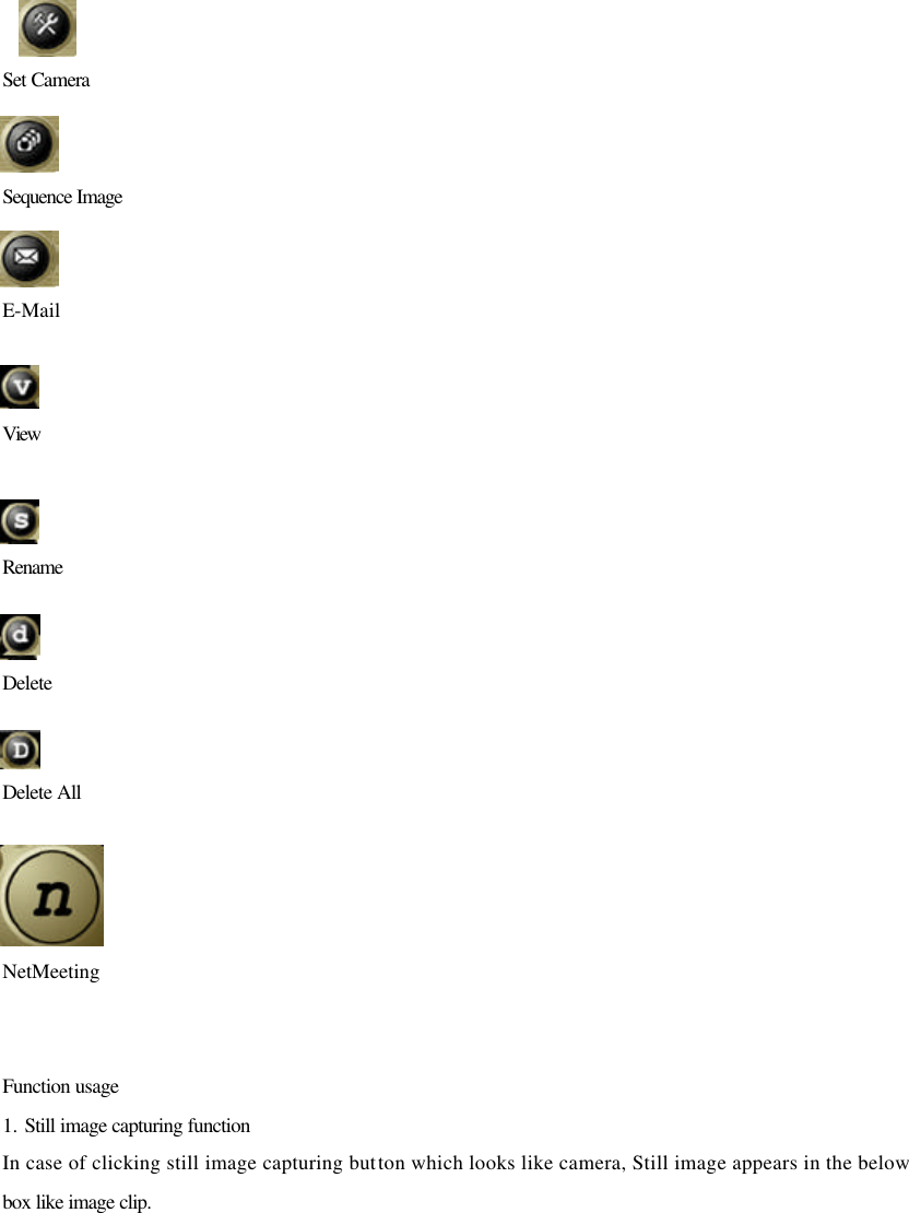  Set Camera Sequence Image E-Mail  View  Rename Delete Delete All  NetMeeting   Function usage   1. Still image capturing function In case of clicking still image capturing button which looks like camera, Still image appears in the below box like image clip.  