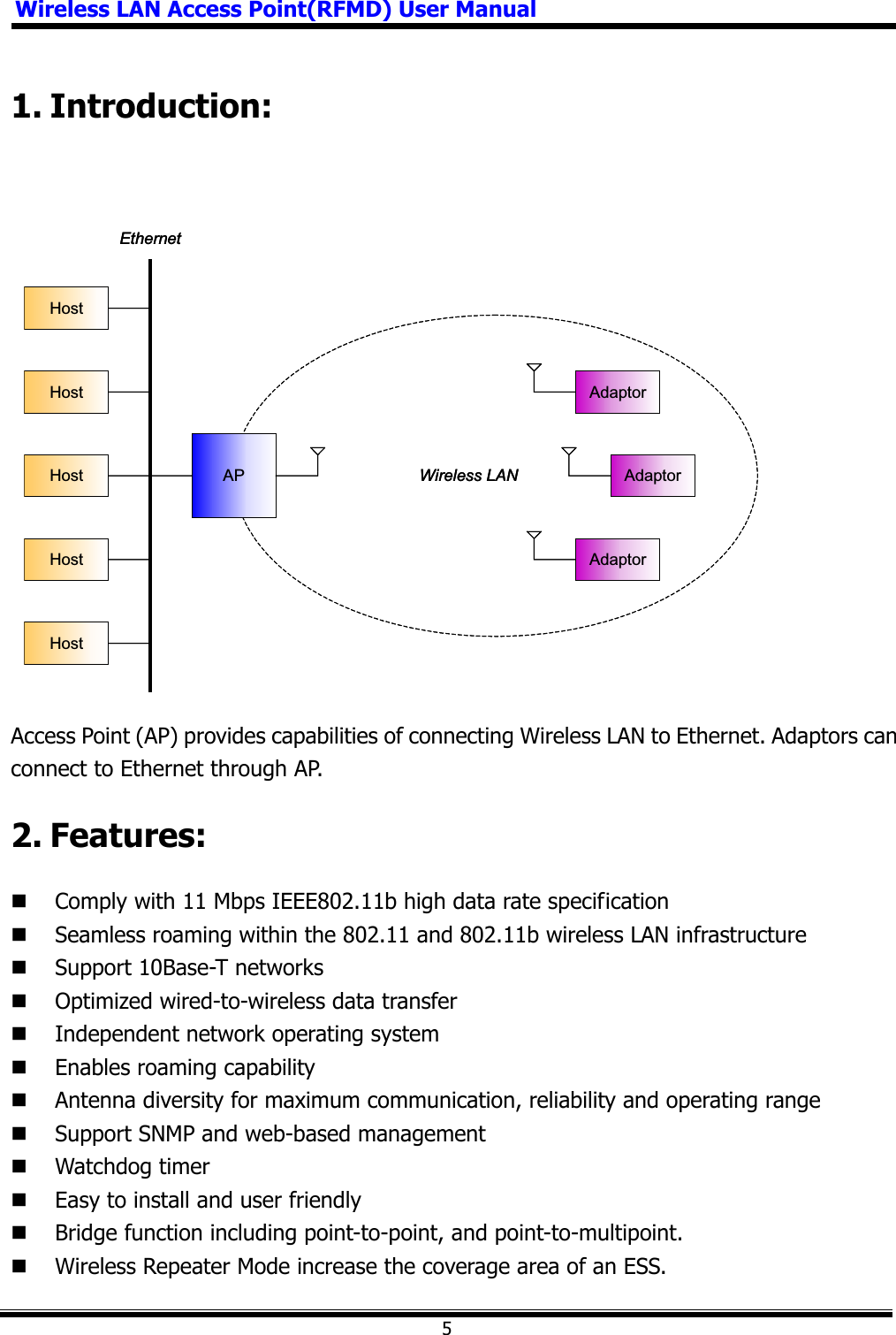 Wireless LAN Access Point(RFMD) User Manual51. Introduction: Access Point (AP) provides capabilities of connecting Wireless LAN to Ethernet. Adaptors can connect to Ethernet through AP. 2. Features:  Comply with 11 Mbps IEEE802.11b high data rate specification  Seamless roaming within the 802.11 and 802.11b wireless LAN infrastructure  Support 10Base-T networks  Optimized wired-to-wireless data transfer  Independent network operating system  Enables roaming capability  Antenna diversity for maximum communication, reliability and operating range  Support SNMP and web-based management  Watchdog timer  Easy to install and user friendly  Bridge function including point-to-point, and point-to-multipoint.  Wireless Repeater Mode increase the coverage area of an ESS.   Wireless LAN APHostHostHostHostHostEthernetAdaptorAdaptorAdaptorWireless LAN APHostHostHostHostHostEthernetAdaptorAdaptorAdaptor