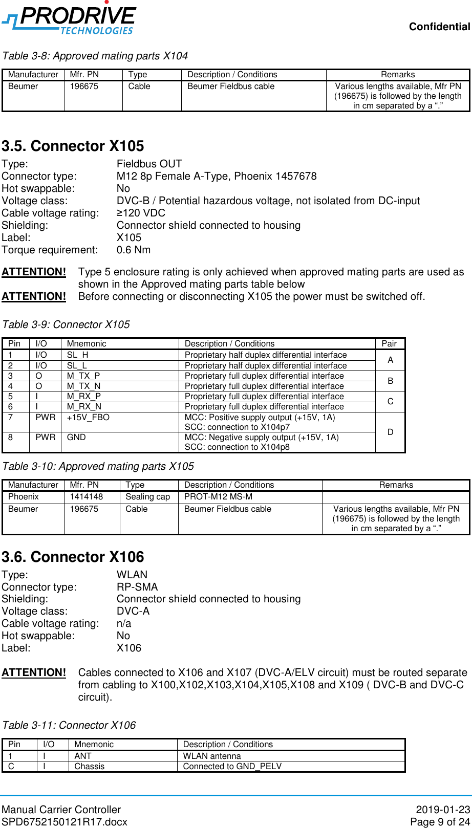 Confidential Manual Carrier Controller  2019-01-23 SPD6752150121R17.docx  Page 9 of 24 Table 3-8: Approved mating parts X104 Manufacturer Mfr. PN Type Description / Conditions Remarks Beumer 196675 Cable Beumer Fieldbus cable Various lengths available, Mfr PN (196675) is followed by the length in cm separated by a “.”  3.5. Connector X105 Type:       Fieldbus OUT Connector type:   M12 8p Female A-Type, Phoenix 1457678 Hot swappable:   No Voltage class:    DVC-B / Potential hazardous voltage, not isolated from DC-input Cable voltage rating:   ≥120 VDC Shielding:    Connector shield connected to housing Label:       X105 Torque requirement:  0.6 Nm  ATTENTION!  Type 5 enclosure rating is only achieved when approved mating parts are used as shown in the Approved mating parts table below  ATTENTION!  Before connecting or disconnecting X105 the power must be switched off.  Table 3-9: Connector X105 Pin I/O Mnemonic Description / Conditions Pair 1 I/O SL_H Proprietary half duplex differential interface A 2 I/O SL_L Proprietary half duplex differential interface 3 O M_TX_P Proprietary full duplex differential interface B 4 O M_TX_N Proprietary full duplex differential interface 5 I M_RX_P Proprietary full duplex differential interface C 6 I M_RX_N Proprietary full duplex differential interface 7 PWR +15V_FBO MCC: Positive supply output (+15V, 1A) SCC: connection to X104p7 D 8 PWR GND MCC: Negative supply output (+15V, 1A) SCC: connection to X104p8 Table 3-10: Approved mating parts X105 Manufacturer Mfr. PN Type Description / Conditions Remarks Phoenix 1414148 Sealing cap PROT-M12 MS-M  Beumer 196675 Cable Beumer Fieldbus cable Various lengths available, Mfr PN (196675) is followed by the length in cm separated by a “.” 3.6. Connector X106 Type:       WLAN Connector type:   RP-SMA Shielding:    Connector shield connected to housing Voltage class:    DVC-A Cable voltage rating:   n/a Hot swappable:   No Label:       X106  ATTENTION!  Cables connected to X106 and X107 (DVC-A/ELV circuit) must be routed separate from cabling to X100,X102,X103,X104,X105,X108 and X109 ( DVC-B and DVC-C circuit).  Table 3-11: Connector X106 Pin I/O Mnemonic Description / Conditions 1 I ANT WLAN antenna C I Chassis Connected to GND_PELV 