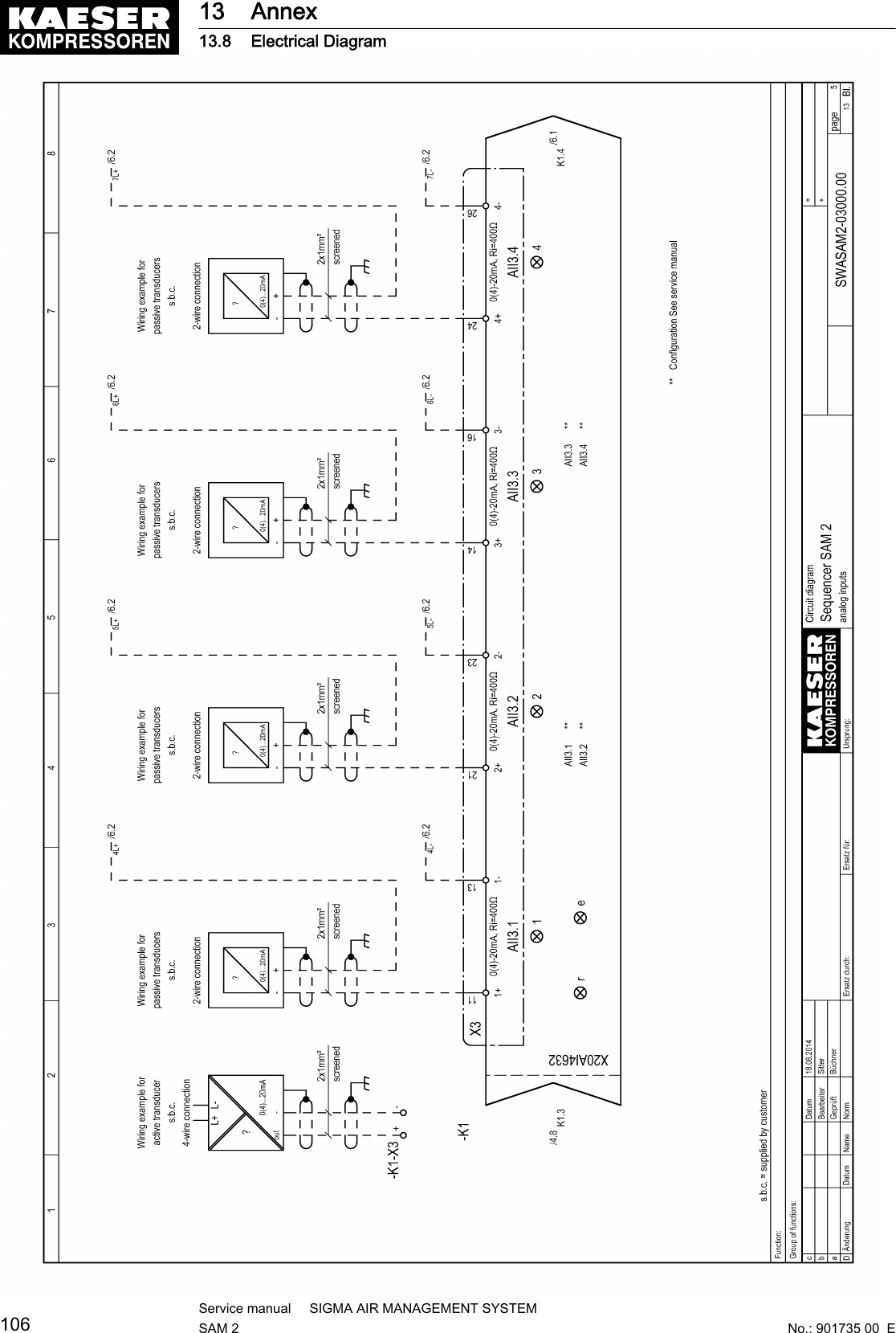 13 Annex13.8 Electrical Diagram106Service manual     SIGMA AIR MANAGEMENT SYSTEMSAM 2  No.: 901735 00  E