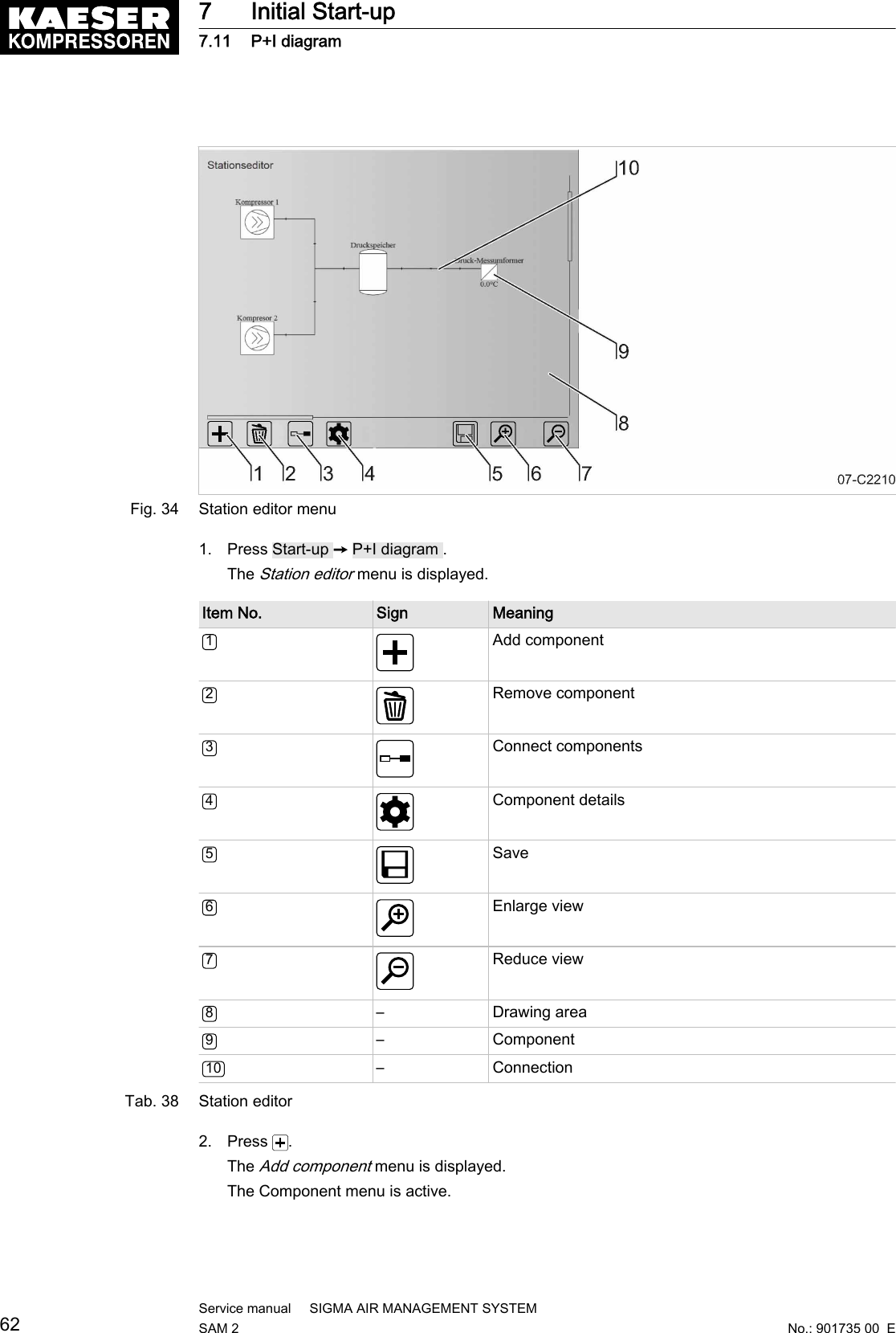 Fig. 34 Station editor menu1. Press Start-up ➙ P+I diagram .The Station editor menu is displayed.Item No. Sign Meaning1Add component2Remove component3Connect components4Component details5Save6Enlarge view7Reduce view8– Drawing area9– Component10 – ConnectionTab. 38 Station editor2. Press  .The Add component menu is displayed.The Component menu is active.7 Initial Start-up7.11 P+I diagram62Service manual     SIGMA AIR MANAGEMENT SYSTEMSAM 2  No.: 901735 00  E