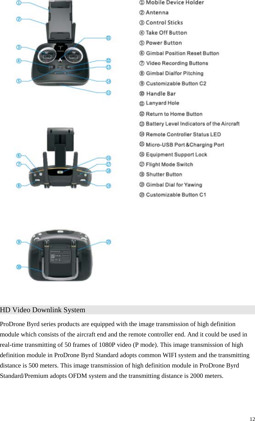 12    HD Video Downlink System                 ProDrone Byrd series products are equipped with the image transmission of high definition module which consists of the aircraft end and the remote controller end. And it could be used in real-time transmitting of 50 frames of 1080P video (P mode). This image transmission of high definition module in ProDrone Byrd Standard adopts common WIFI system and the transmitting distance is 500 meters. This image transmission of high definition module in ProDrone Byrd Standard/Premium adopts OFDM system and the transmitting distance is 2000 meters.  