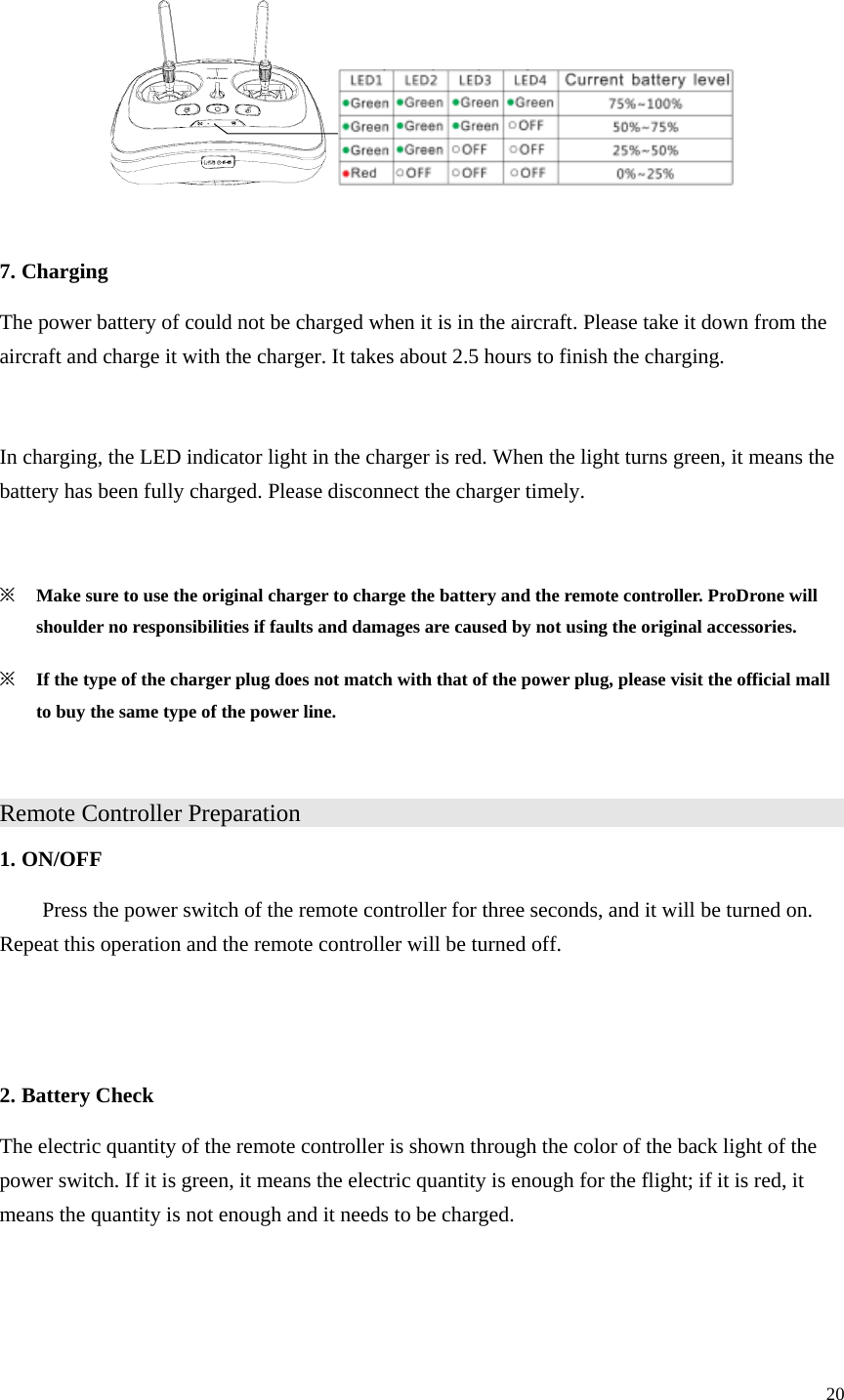 20    7. Charging The power battery of could not be charged when it is in the aircraft. Please take it down from the aircraft and charge it with the charger. It takes about 2.5 hours to finish the charging.  In charging, the LED indicator light in the charger is red. When the light turns green, it means the battery has been fully charged. Please disconnect the charger timely.  ※ Make sure to use the original charger to charge the battery and the remote controller. ProDrone will shoulder no responsibilities if faults and damages are caused by not using the original accessories. ※ If the type of the charger plug does not match with that of the power plug, please visit the official mall to buy the same type of the power line.  Remote Controller Preparation                1. ON/OFF   Press the power switch of the remote controller for three seconds, and it will be turned on. Repeat this operation and the remote controller will be turned off.   2. Battery Check The electric quantity of the remote controller is shown through the color of the back light of the power switch. If it is green, it means the electric quantity is enough for the flight; if it is red, it means the quantity is not enough and it needs to be charged.  