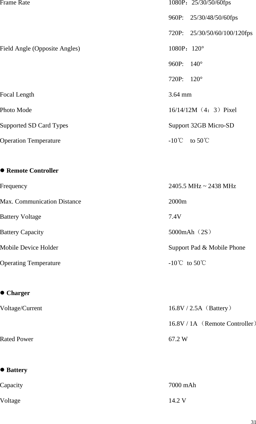 31  Frame Rate           1080P：25/30/50/60fps              960P:  25/30/48/50/60fps              720P:  25/30/50/60/100/120fps Field Angle (Opposite Angles)       1080P：120°              960P:  140°              720P:  120° Focal Length           3.64 mm Photo Mode           16/14/12M（4：3）Pixel Supported SD Card Types        Support 32GB Micro-SD Operation Temperature         -10℃  to 50℃  z Remote Controller Frequency              2405.5 MHz ~ 2438 MHz Max. Communication Distance       2000m Battery Voltage          7.4V Battery Capacity          5000mAh（2S） Mobile Device Holder          Support Pad &amp; Mobile Phone Operating Temperature         -10℃ to 50℃  z Charger Voltage/Current          16.8V / 2.5A（Battery）              16.8V / 1A （Remote Controller）  Rated Power           67.2 W  z Battery Capacity            7000 mAh Voltage            14.2 V 
