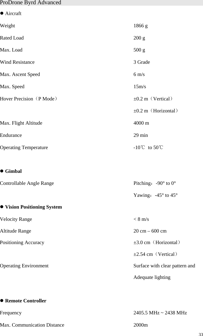 33  ProDrone Byrd Advanced                  z Aircraft Weight             1866 g Rated Load           200 g Max. Load           500 g Wind Resistance          3 Grade Max. Ascent Speed          6 m/s Max. Speed           15m/s Hover Precision（P Mode）        ±0.2 m（Vertical）             ±0.2 m（Horizontal） Max. Flight Altitude          4000 m Endurance                  29 min Operating Temperature         -10℃ to 50℃  z Gimbal Controllable Angle Range        Pitching：-90° to 0°   Yawing：-45° to 45° z Vision Positioning System Velocity Range          &lt; 8 m/s Altitude Range           20 cm – 600 cm Positioning Accuracy          ±3.0 cm（Horizontal）              ±2.54 cm（Vertical） Operating Environment          Surface with clear pattern and                Adequate lighting  z Remote Controller Frequency              2405.5 MHz ~ 2438 MHz Max. Communication Distance       2000m 