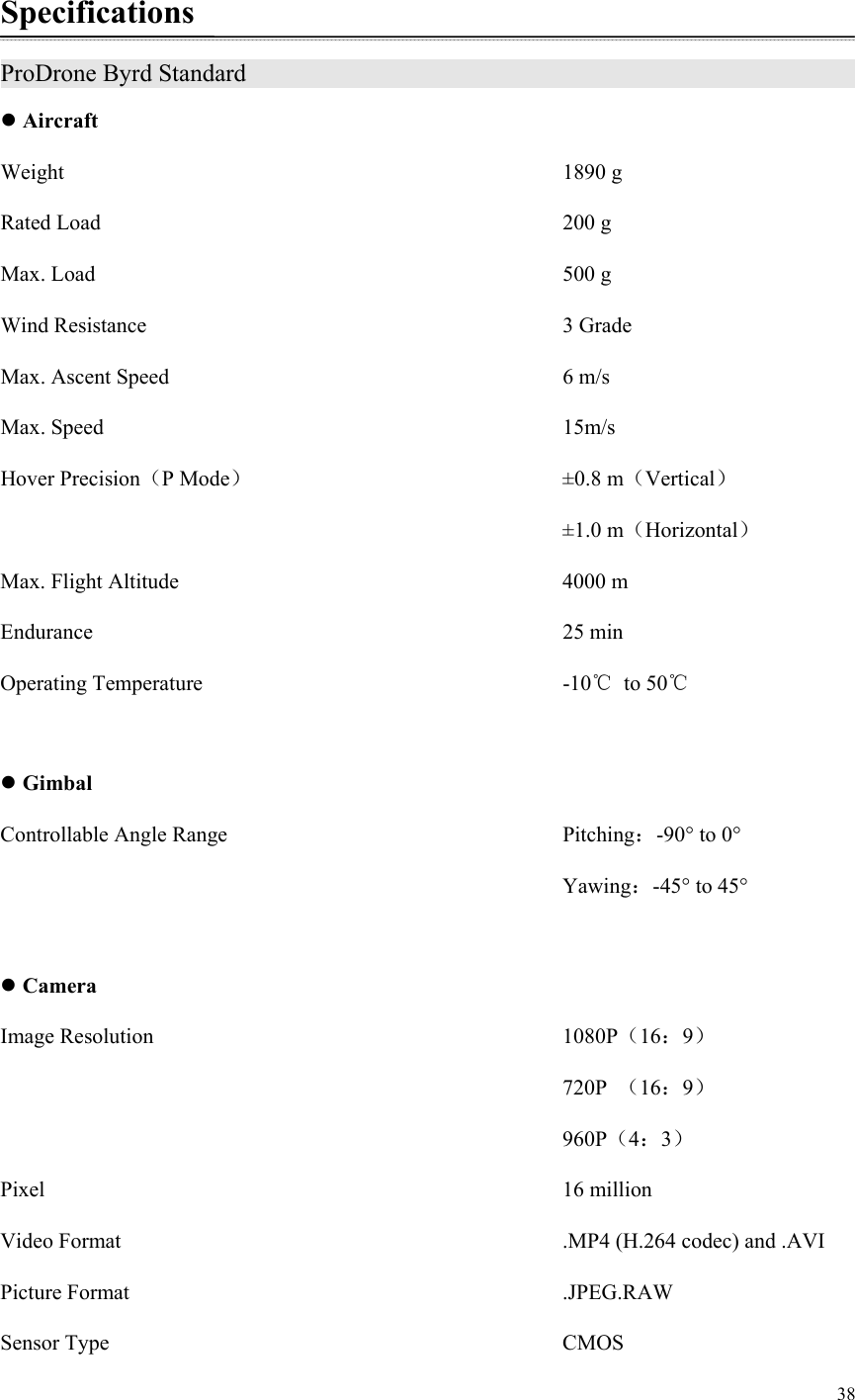 38  Specifications ProDrone Byrd Standard                   Aircraft Weight             1890 g Rated Load           200 g Max. Load           500 g Wind Resistance          3 Grade Max. Ascent Speed          6 m/s Max. Speed           15m/s Hover Precision（P Mode）        ±0.8 m（Vertical）              ±1.0 m（Horizontal） Max. Flight Altitude          4000 m Endurance                  25 min Operating Temperature         -10℃  to 50℃   Gimbal Controllable Angle Range        Pitching：-90° to 0°                Yawing：-45° to 45°   Camera Image Resolution          1080P（16：9）              720P （16：9）               960P（4：3） Pixel            16 million Video Format           .MP4 (H.264 codec) and .AVI Picture Format           .JPEG.RAW Sensor Type           CMOS 