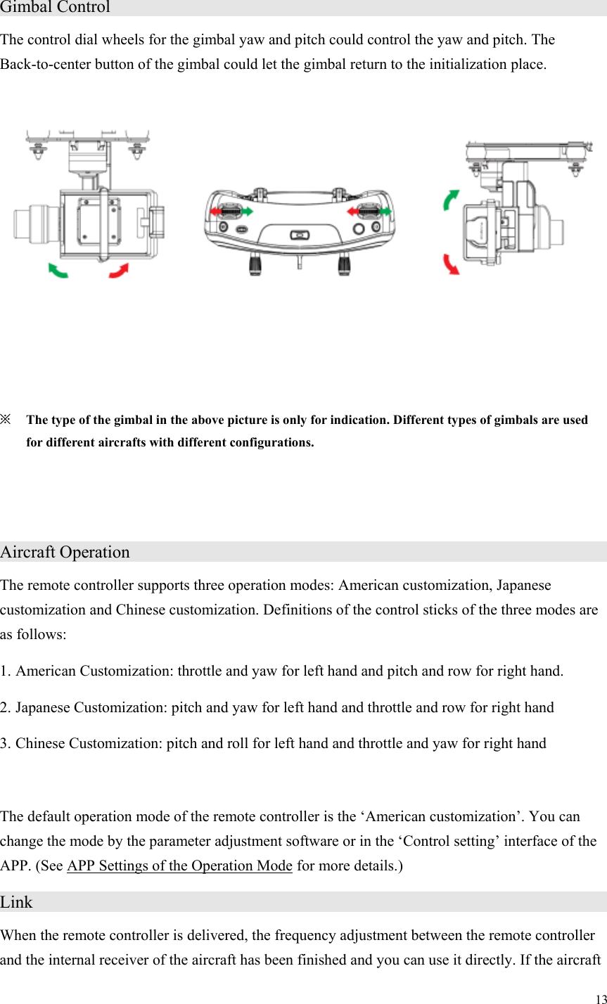 13  Gimbal Control                                       The control dial wheels for the gimbal yaw and pitch could control the yaw and pitch. The Back-to-center button of the gimbal could let the gimbal return to the initialization place.      ※ The type of the gimbal in the above picture is only for indication. Different types of gimbals are used for different aircrafts with different configurations.   Aircraft Operation                                     The remote controller supports three operation modes: American customization, Japanese customization and Chinese customization. Definitions of the control sticks of the three modes are as follows: 1. American Customization: throttle and yaw for left hand and pitch and row for right hand. 2. Japanese Customization: pitch and yaw for left hand and throttle and row for right hand 3. Chinese Customization: pitch and roll for left hand and throttle and yaw for right hand  The default operation mode of the remote controller is the ‘American customization’. You can change the mode by the parameter adjustment software or in the ‘Control setting’ interface of the APP. (See APP Settings of the Operation Mode for more details.) Link                      When the remote controller is delivered, the frequency adjustment between the remote controller and the internal receiver of the aircraft has been finished and you can use it directly. If the aircraft 