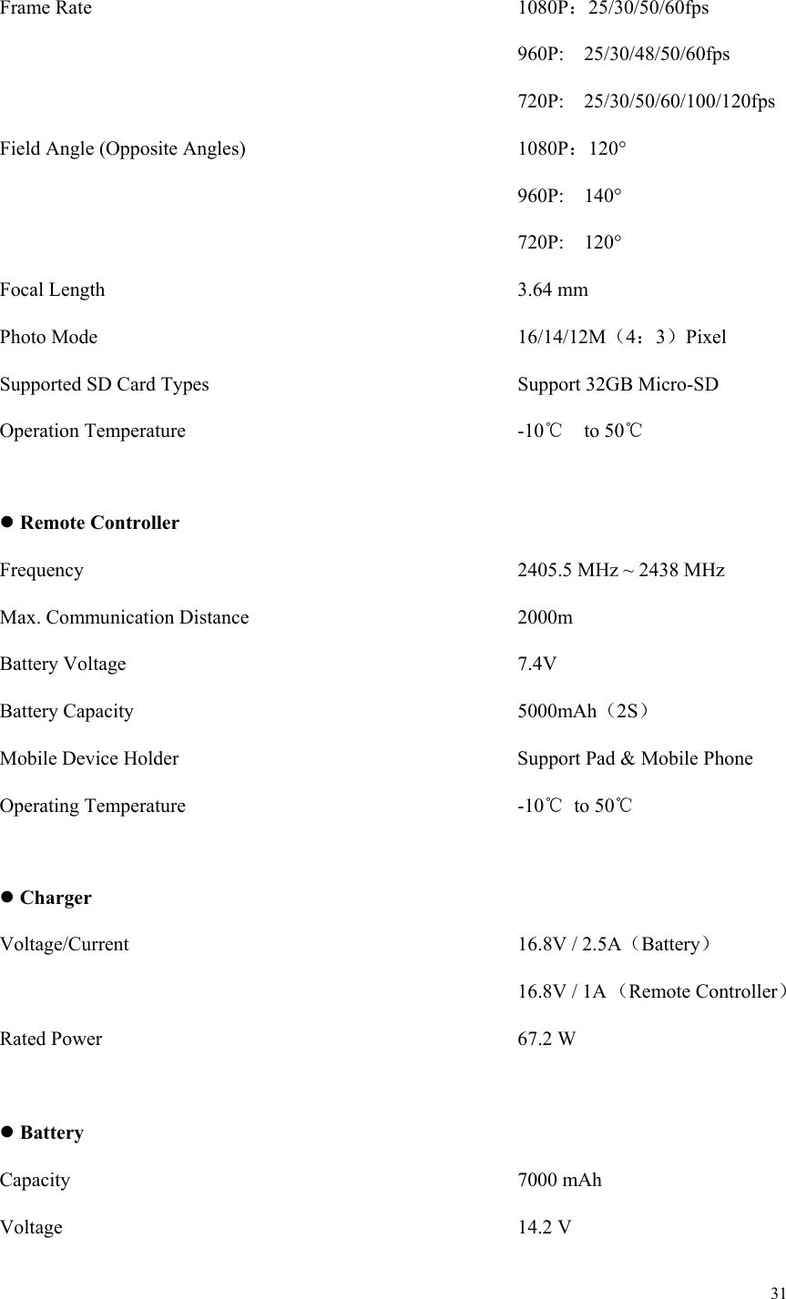 31  Frame Rate                      1080P：25/30/50/60fps                           960P:    25/30/48/50/60fps                           720P:    25/30/50/60/100/120fps Field Angle (Opposite Angles)              1080P：120°              960P:  140°              720P:  120° Focal Length                      3.64 mm Photo Mode                      16/14/12M（4：3）Pixel Supported SD Card Types                Support 32GB Micro-SD Operation Temperature                  -10℃    to 50℃   Remote Controller Frequency                            2405.5 MHz ~ 2438 MHz Max. Communication Distance              2000m Battery Voltage                    7.4V Battery Capacity                    5000mAh（2S） Mobile Device Holder                    Support Pad &amp; Mobile Phone Operating Temperature                  -10℃  to 50℃   Charger Voltage/Current                    16.8V / 2.5A（Battery）              16.8V / 1A （Remote Controller）   Rated Power                      67.2 W   Battery Capacity                        7000 mAh Voltage                        14.2 V 