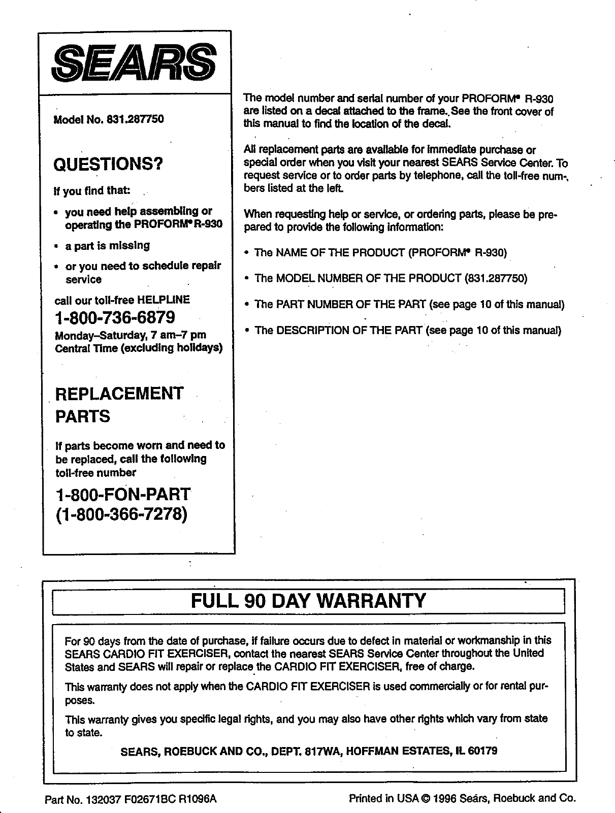 Page 12 of 12 - Proform 831287750 User Manual  R-930 - Manuals And Guides 99020068