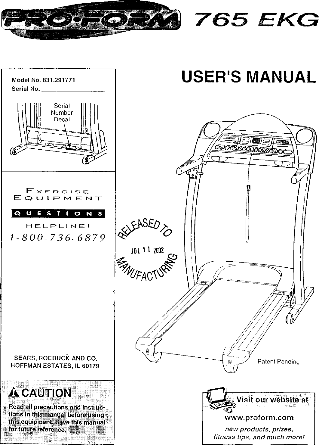 Proform 831291771 User Manual 765 EKG Manuals And Guides L0207250