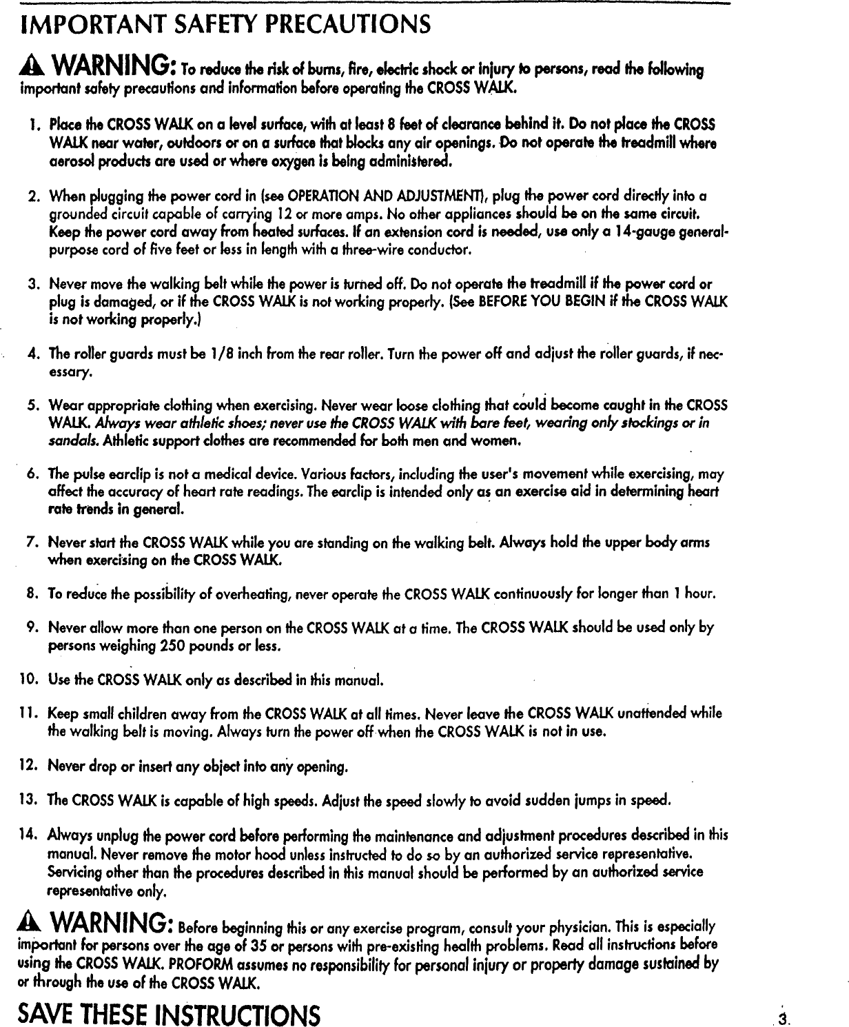 Page 3 of 12 - Proform DR705021 User Manual  CROSSWALK TREADMILL - Manuals And Guides L0902382