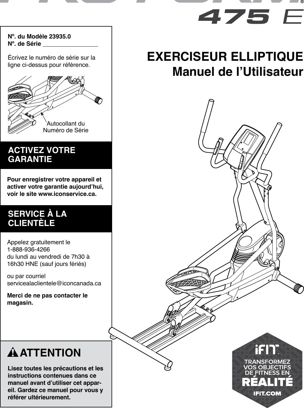 Proform 239350 475 E Elliptical Users Manual