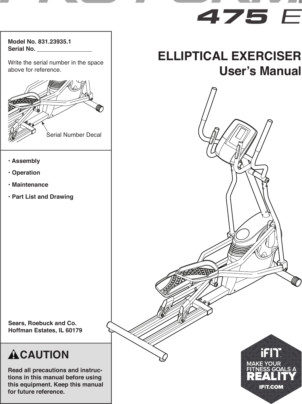 Proform 239351 475 E Elliptical Users Manual