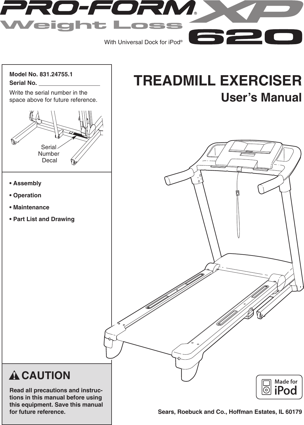 Proform 247551 Xp Weight Loss 620 Treadmill Users Manual *294060 204705