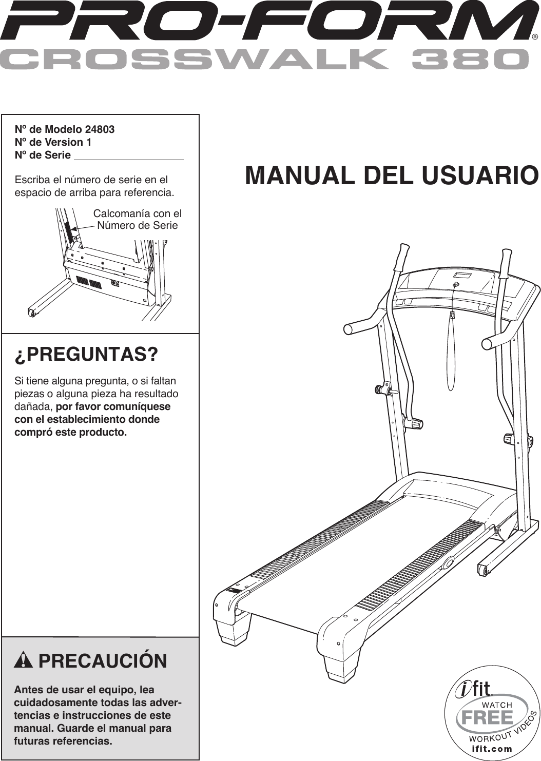 Proform 248031 Crosswalk 380 Treadmill Users Manual