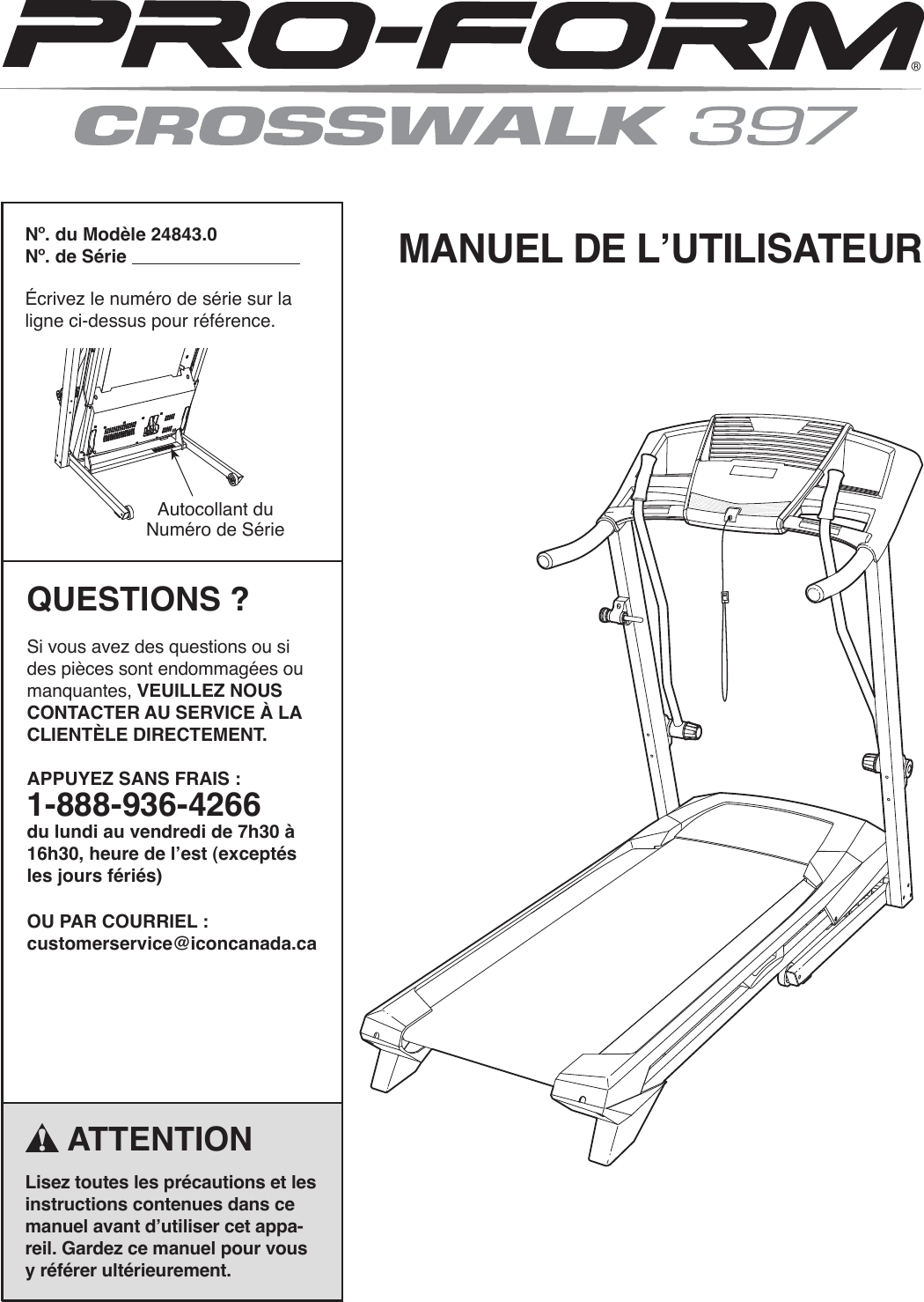 Proform Crosswalk Treadmill Users Manual