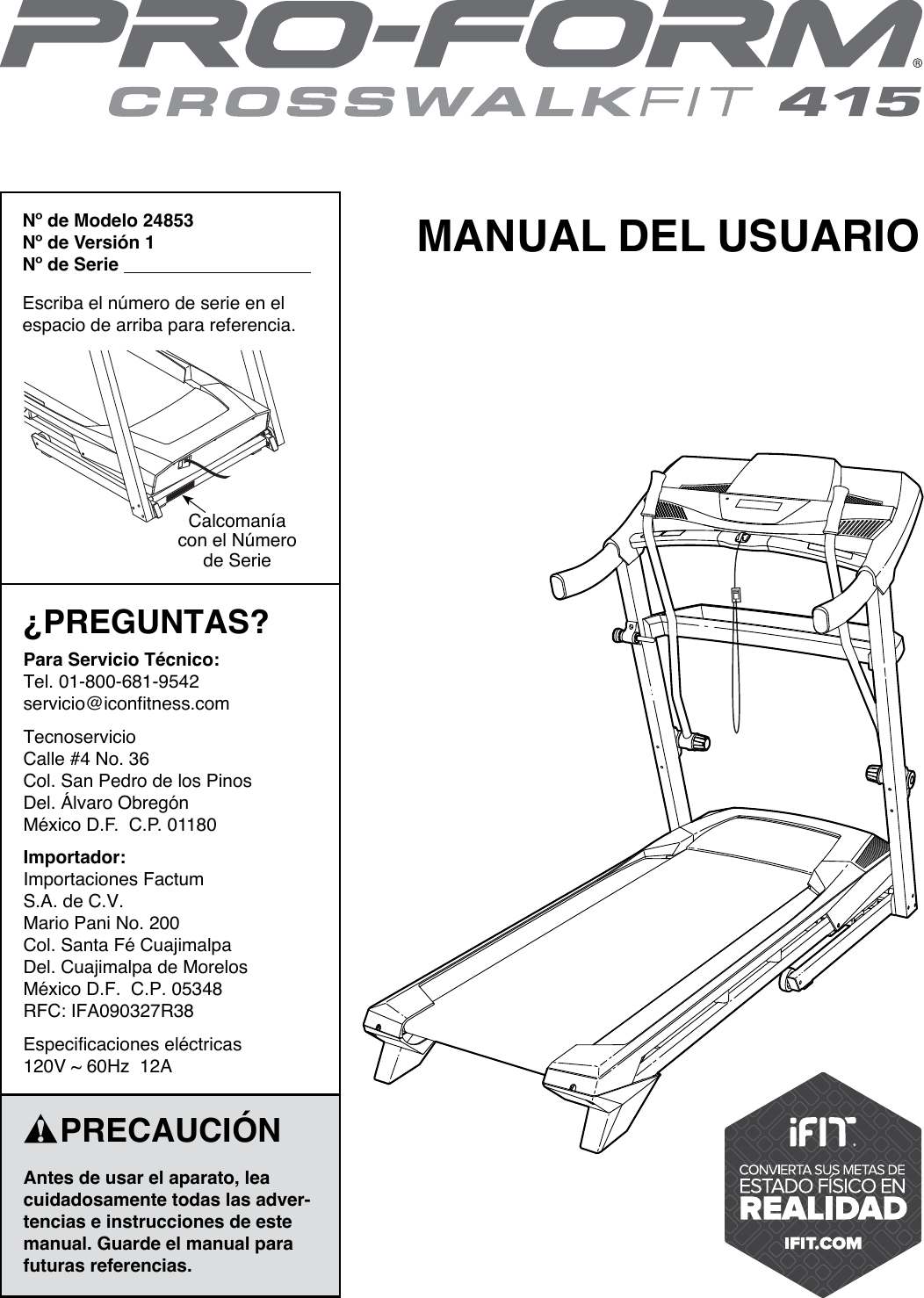 Proform 248531 Crosswalk Fit 415 Treadmill Users Manual