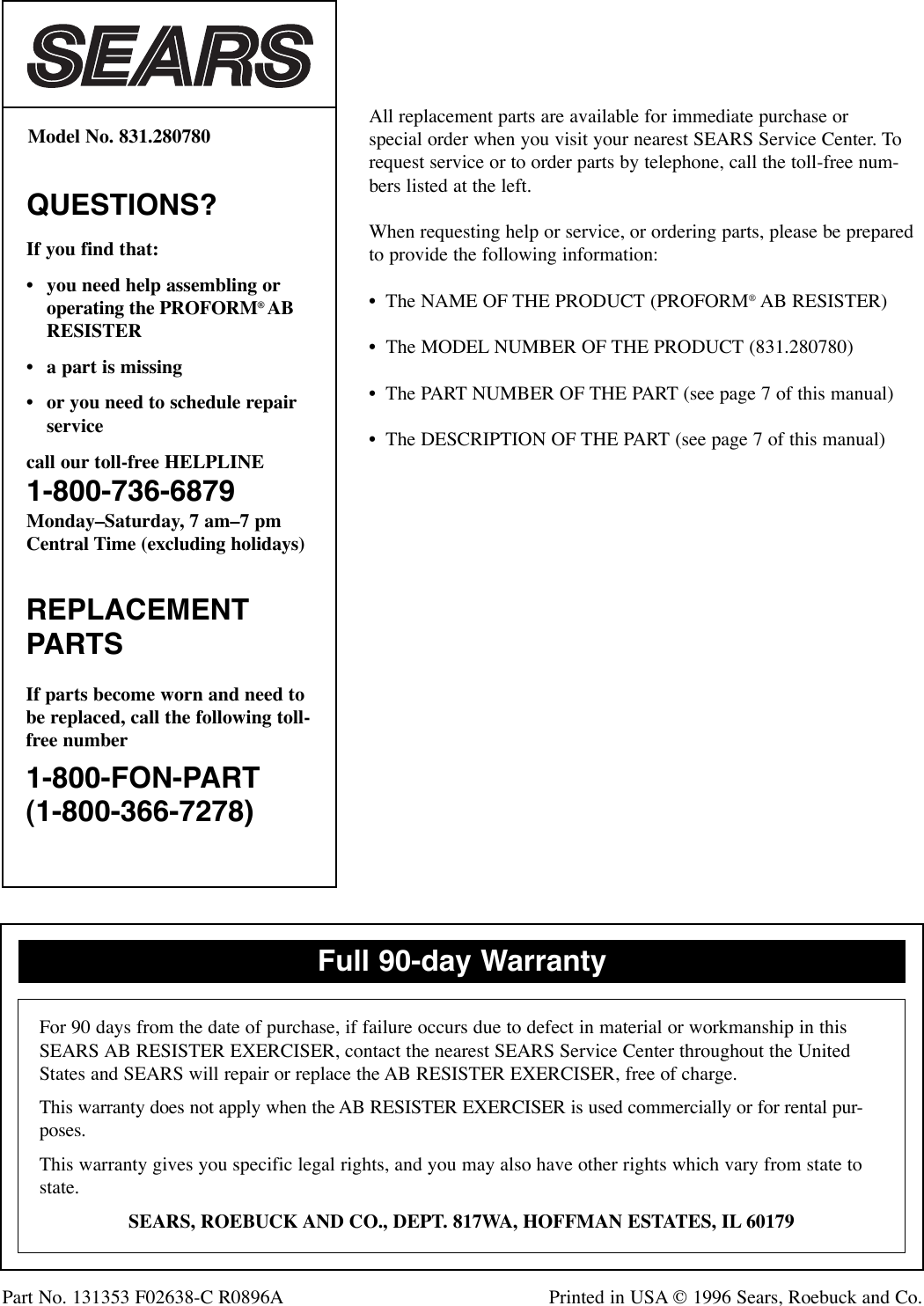 Page 8 of 8 - Proform Proform-280780-Ab-Resister-Users-Manual- .OM-280780-AB RESISTER  Proform-280780-ab-resister-users-manual