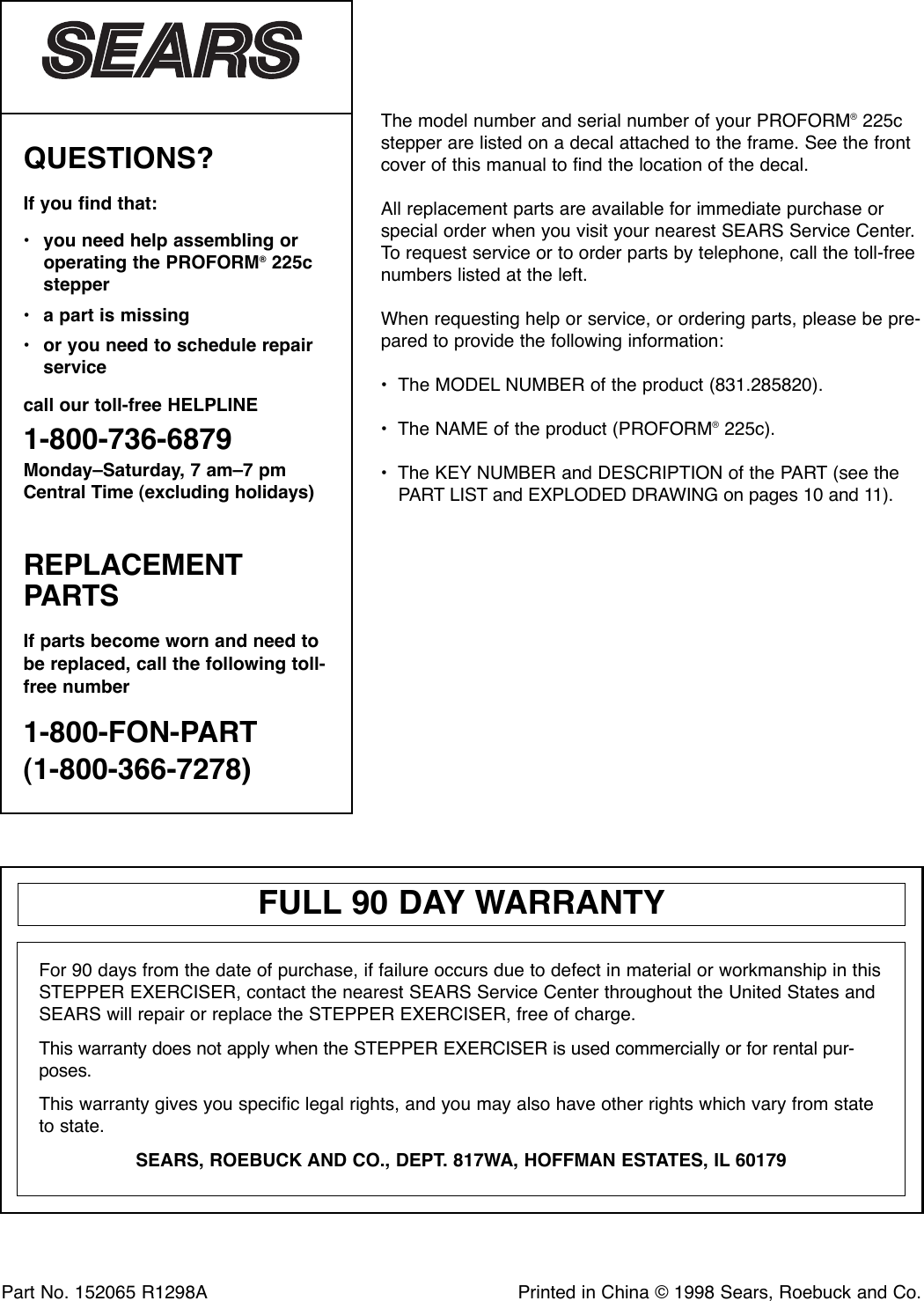 Page 12 of 12 - Proform Proform-285820-225C-Stepper-Users-Manual- *285820-152065  Proform-285820-225c-stepper-users-manual