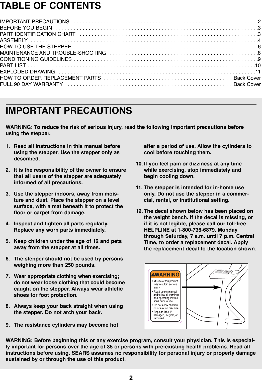 Page 2 of 12 - Proform Proform-285820-225C-Stepper-Users-Manual- *285820-152065  Proform-285820-225c-stepper-users-manual