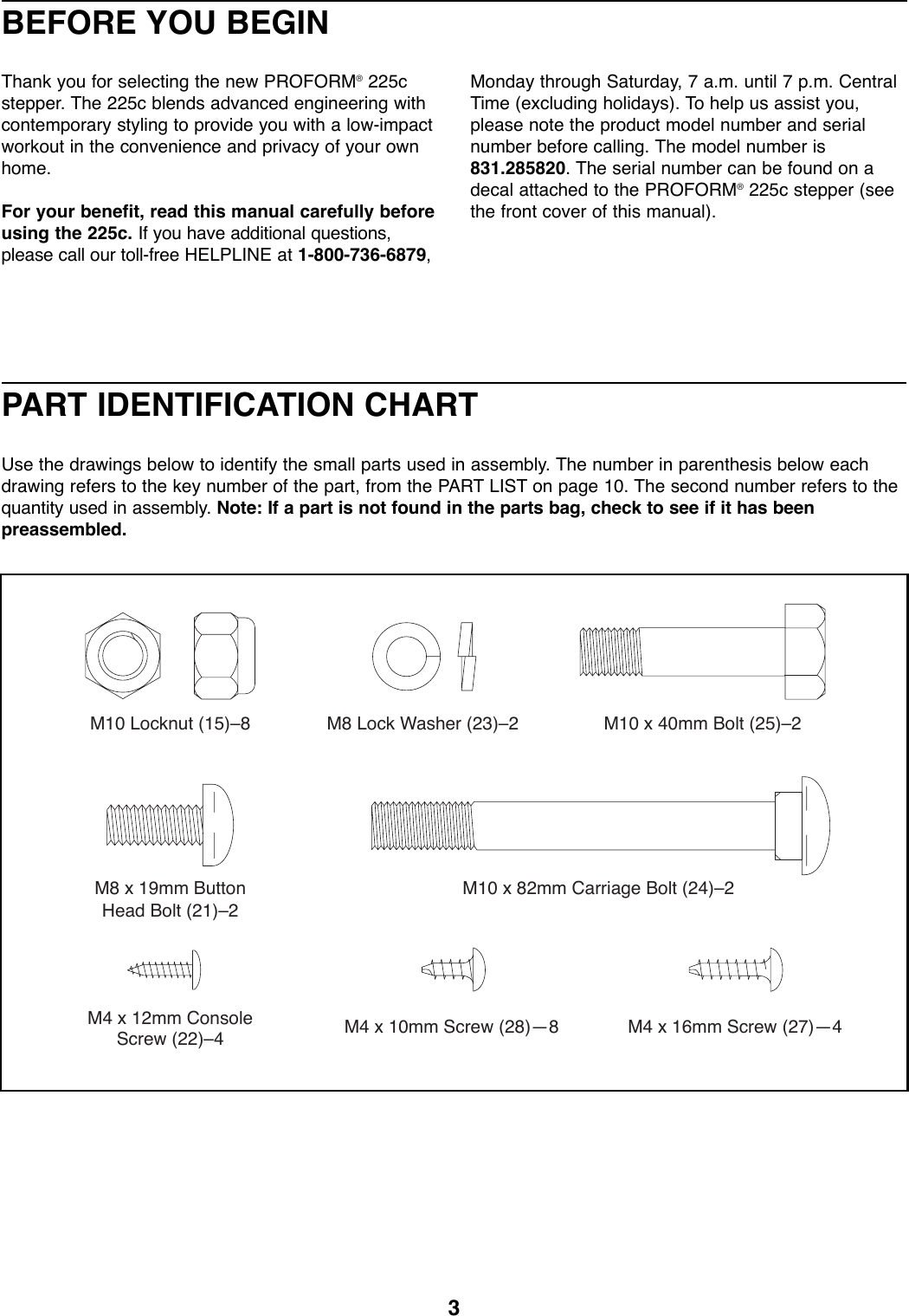 Page 3 of 12 - Proform Proform-285820-225C-Stepper-Users-Manual- *285820-152065  Proform-285820-225c-stepper-users-manual