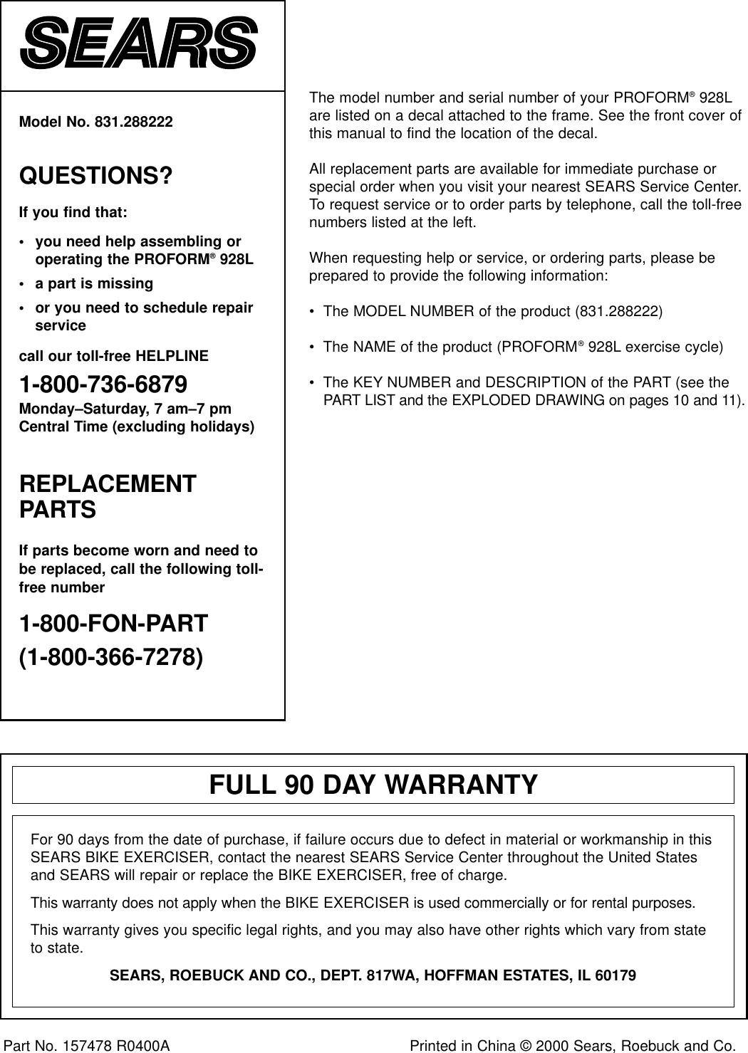 Page 12 of 12 - Proform Proform-288222-928L-Bike-Users-Manual-  Proform-288222-928l-bike-users-manual