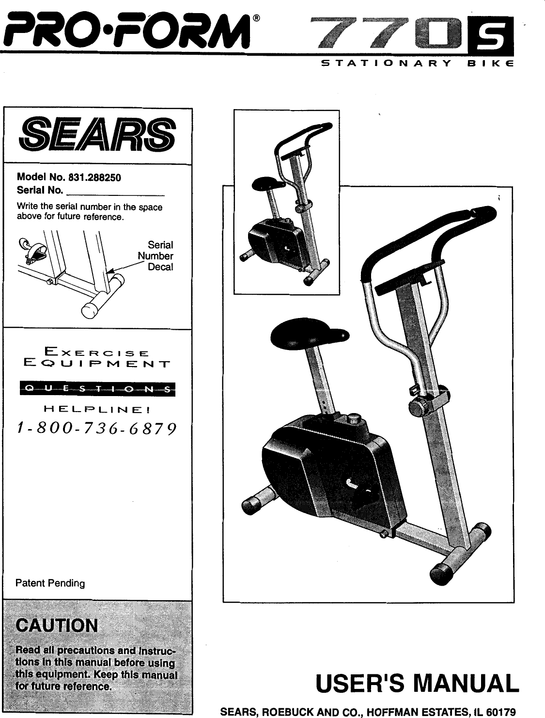Proform 288250 770S Bike Users Manual