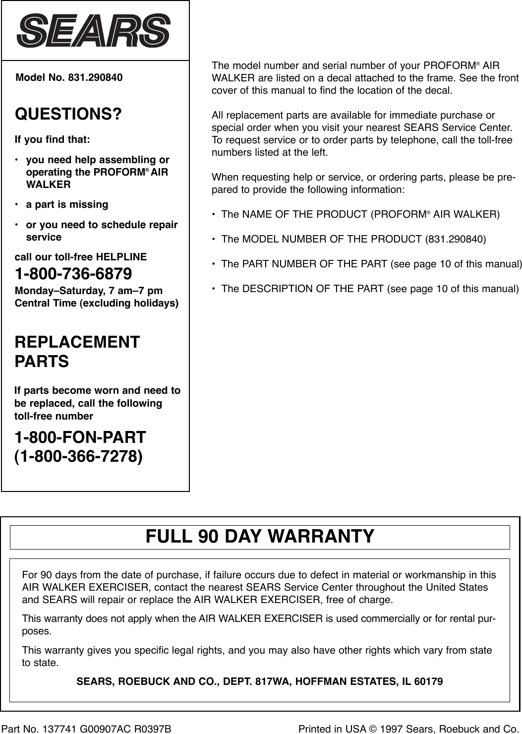 Page 12 of 12 - Proform Proform-290840-Air-Walker-Users-Manual- *290840-137741  Proform-290840-air-walker-users-manual