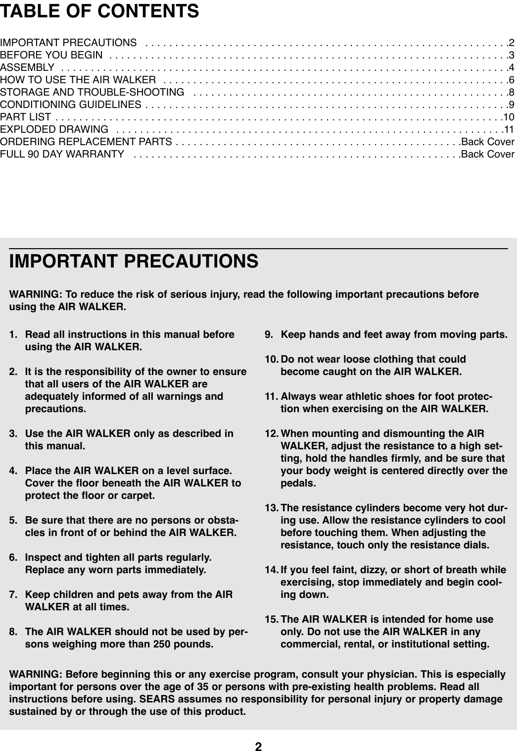 Page 2 of 12 - Proform Proform-290840-Air-Walker-Users-Manual- *290840-137741  Proform-290840-air-walker-users-manual