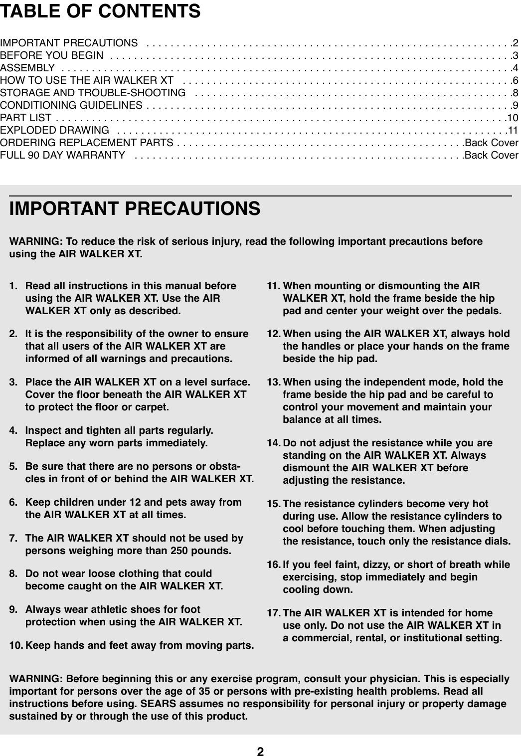 Page 2 of 12 - Proform Proform-290880-Airwalker-Xt-Users-Manual- *290880-138947  Proform-290880-airwalker-xt-users-manual