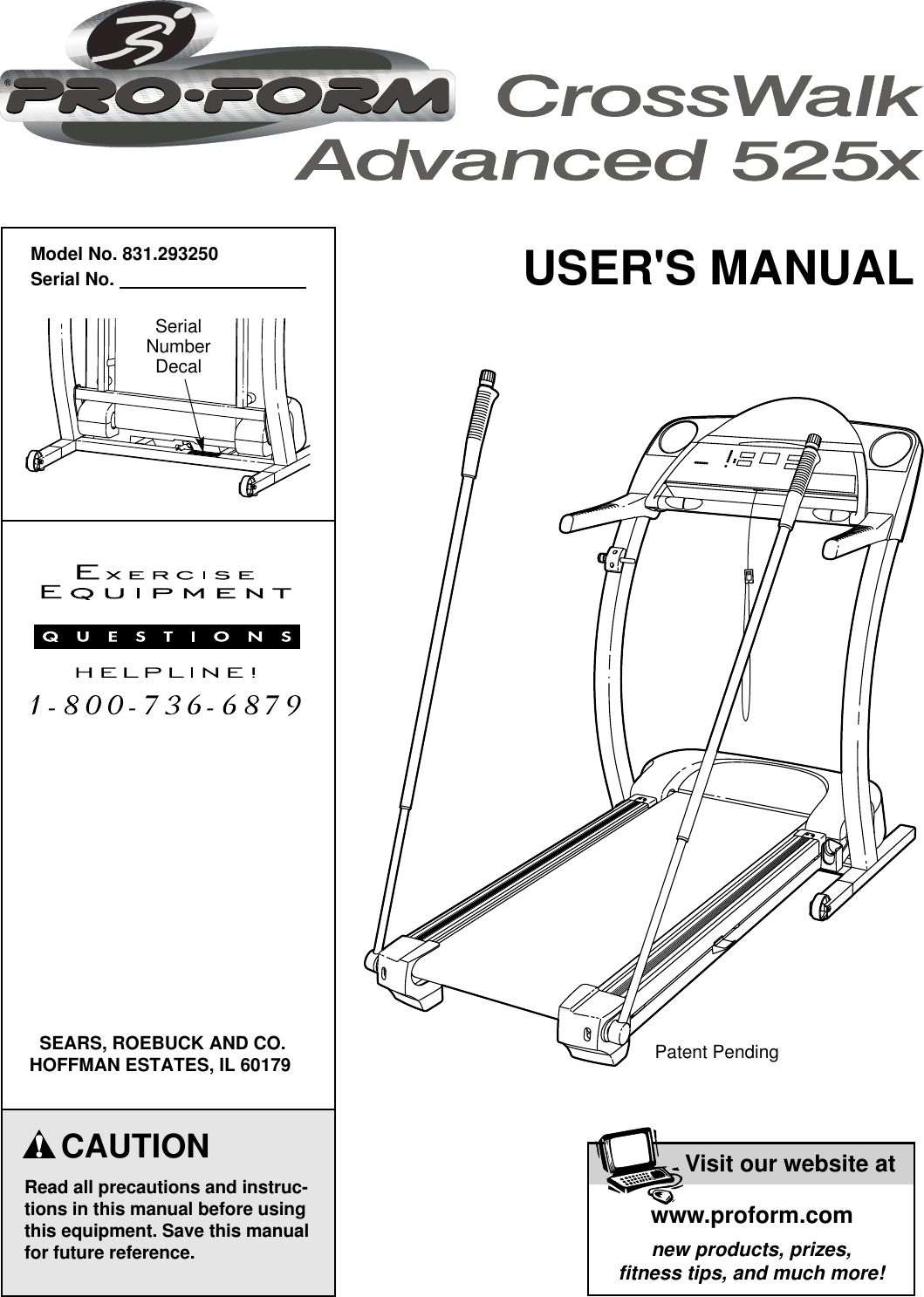 Proform 293250 Crosswalk Advanced 525X Treadmill Users Manual